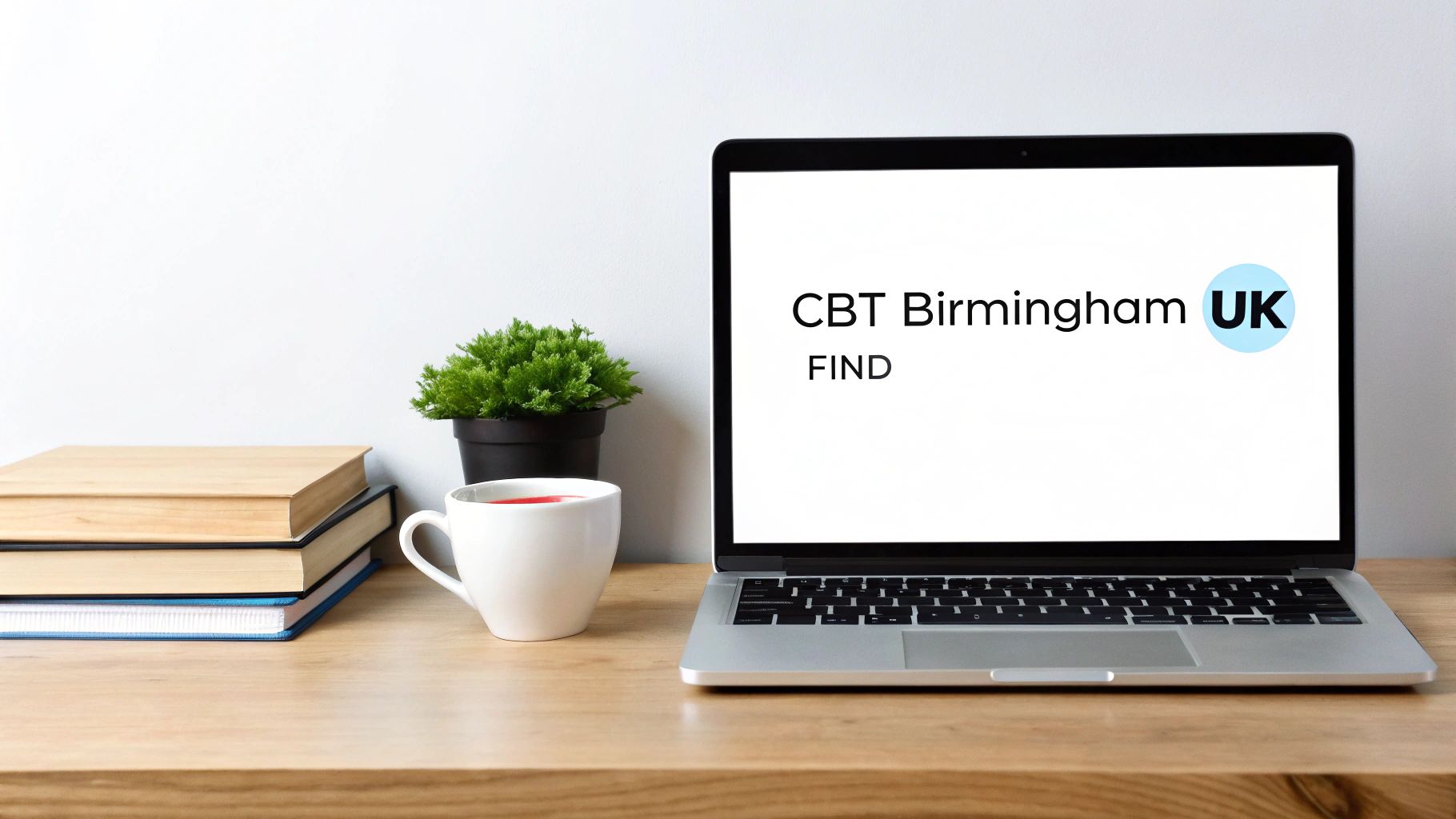 A laptop on a wooden desk displaying 'CBT Birmingham UK FIND', alongside books, a cup, and a plant.