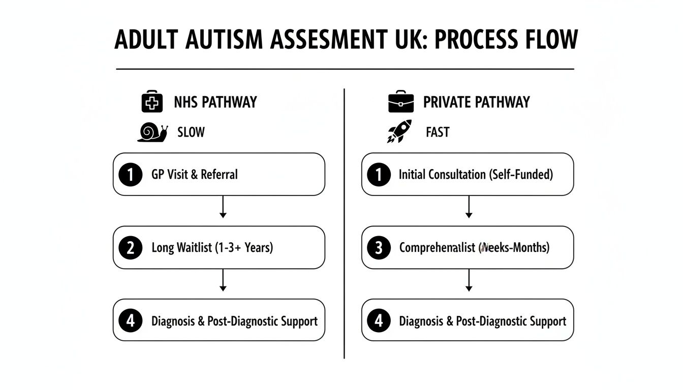 Flowchart comparing NHS and Private pathways for adult autism assessment process in the UK.