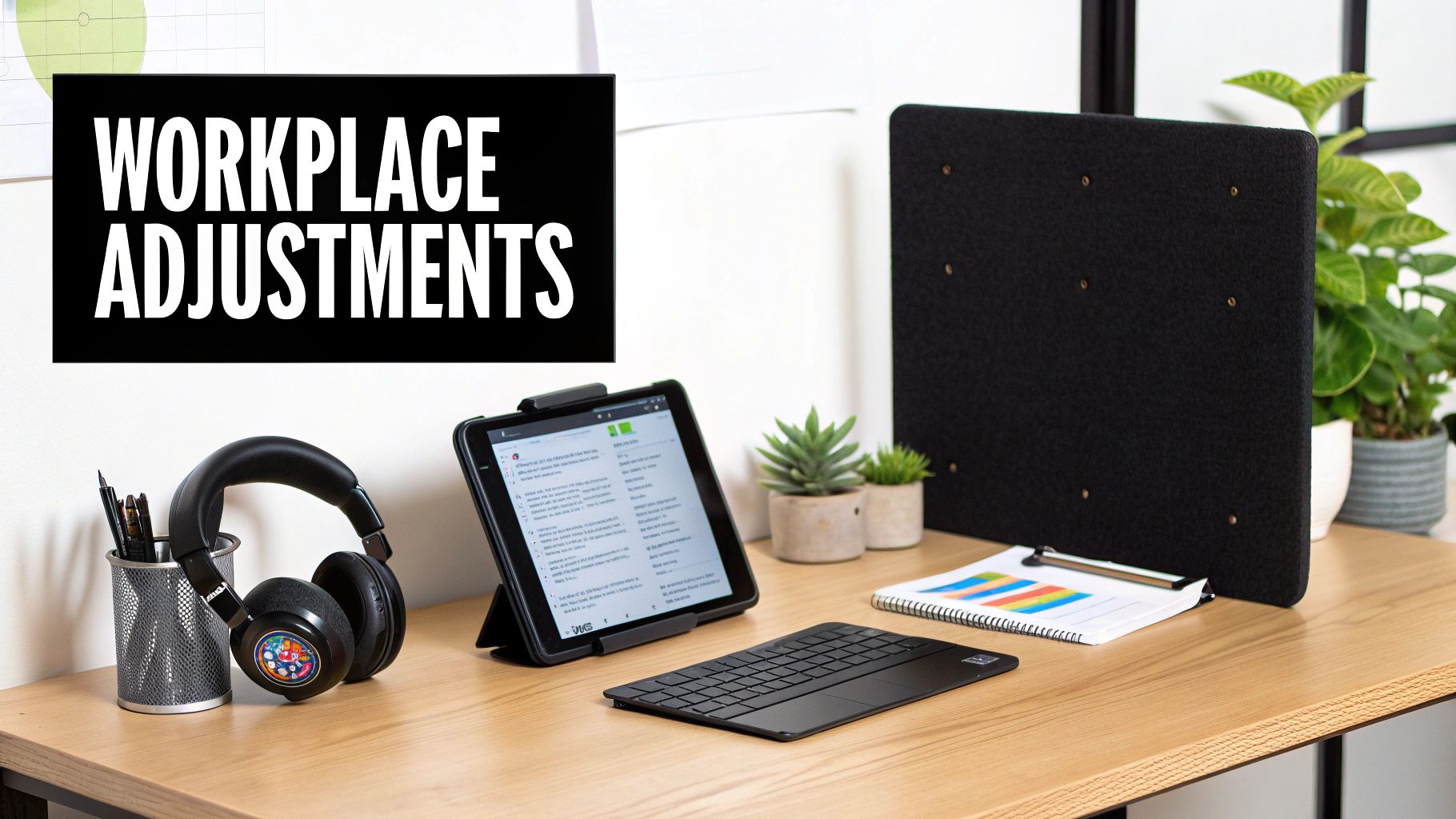 A modern office desk setup with a tablet, keyboard, headphones, plants, and 'WORKPLACE ADJUSTMENTS' text.