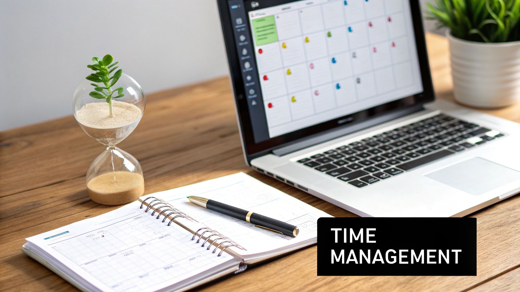 Desk setup with a laptop showing a calendar, an hourglass, a planner, and a pen, emphasizing time management.