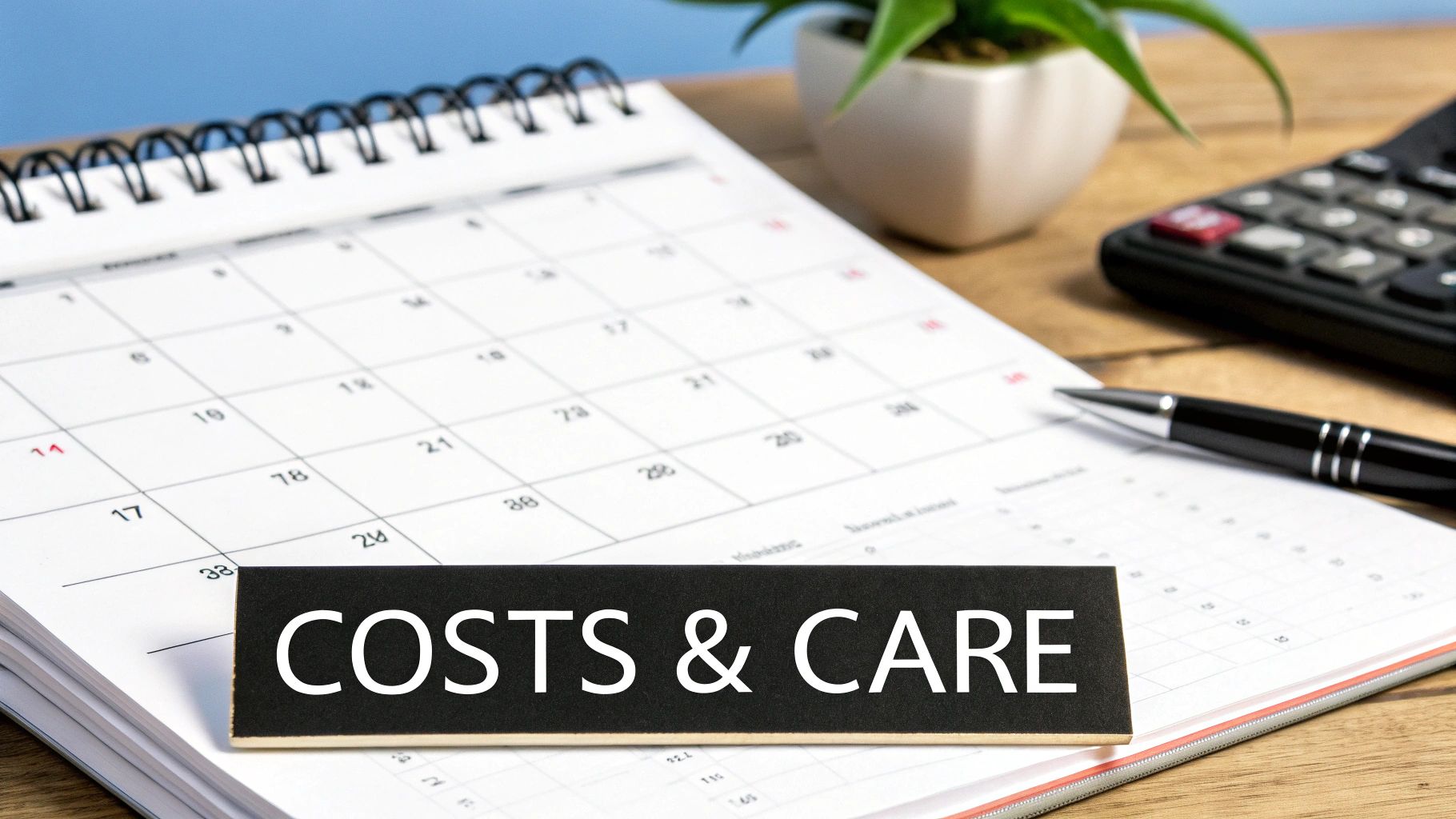 A black plaque displaying 'COSTS & CARE' on a calendar with a calculator and pen.