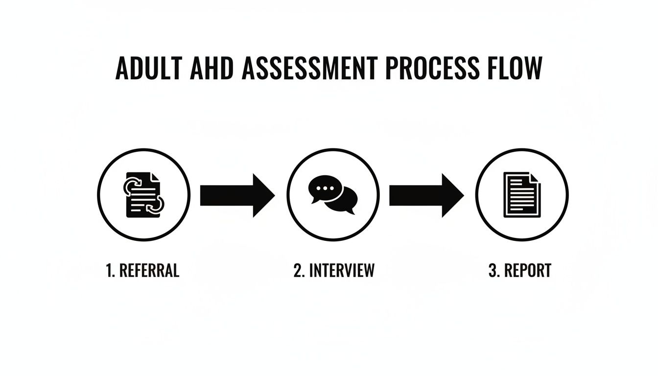 A flowchart illustrates the Adult AHD assessment process, including referral, interview, and report stages.