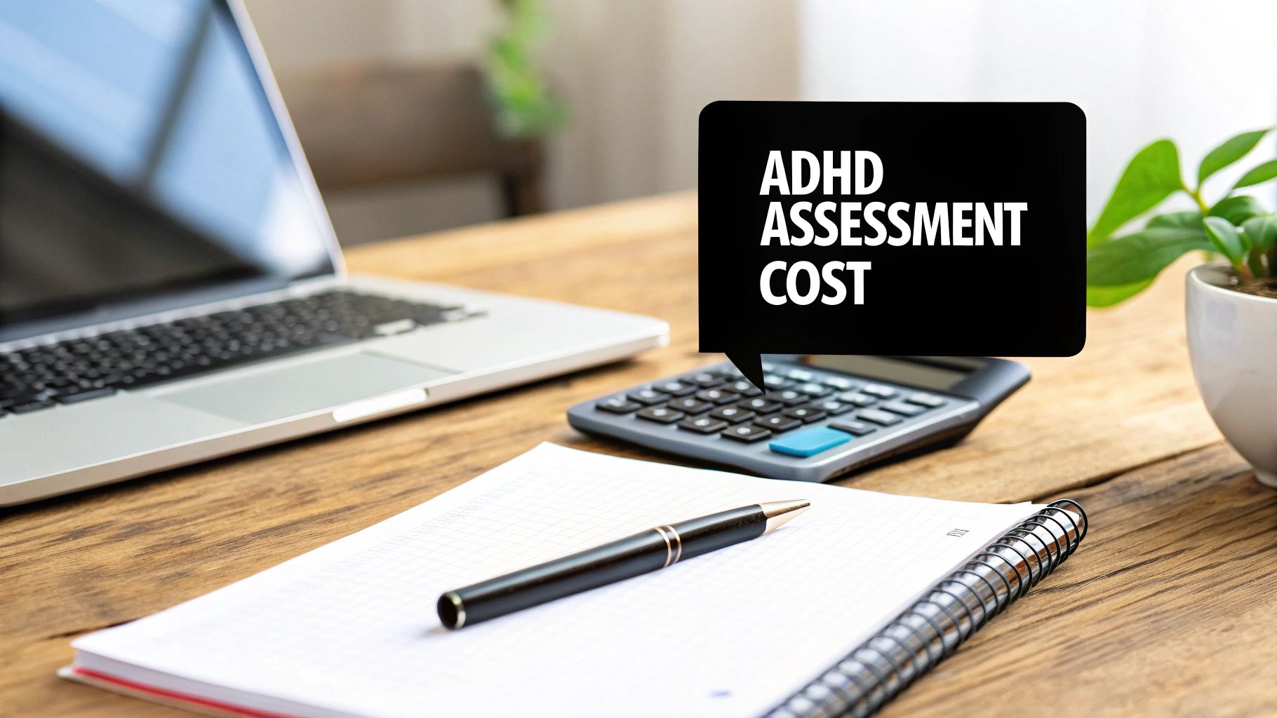 A workspace with a laptop, calculator, and notebook, displaying 'ADHD ASSESSMENT COST' in a speech bubble.
