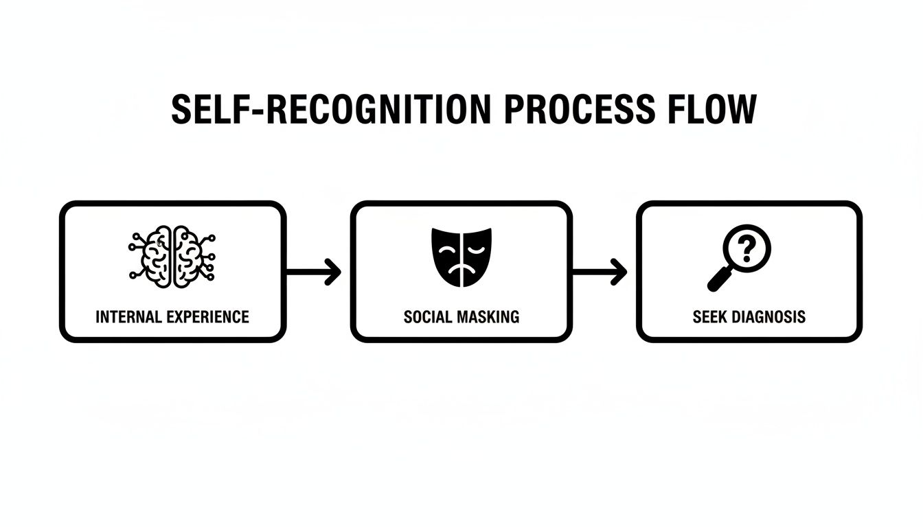 Flowchart depicting the self-recognition process: internal experience, social masking, and seeking diagnosis.