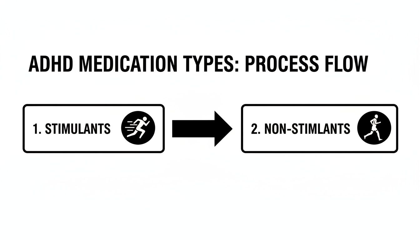 A process flow diagram illustrating ADHD medication types: 1. Stimulants, followed by 2. Non-Stimulants.