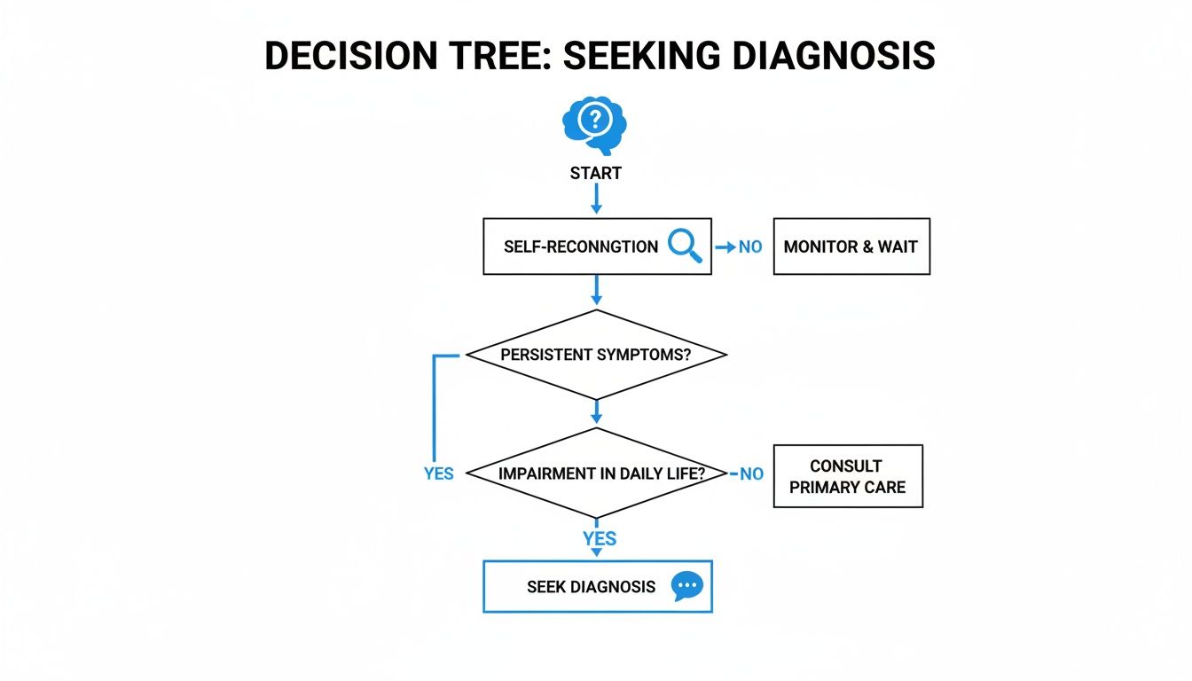 A decision tree flowchart guiding individuals through steps for seeking a diagnosis, from self-recognition to consulting medical professionals.