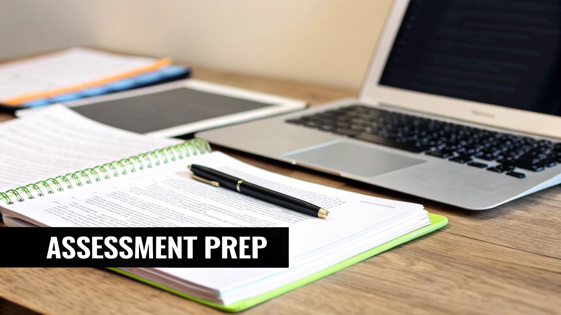A desk setup with a notebook, pen, laptop, and tablet, indicating assessment preparation.