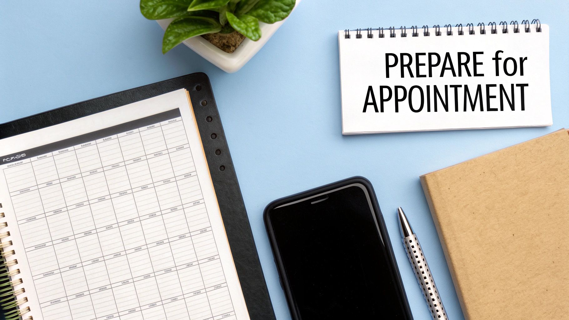 A flat lay shows a planner, a notebook with 'PREPARE for APPOINTMENT', a phone, and a pen on a blue background.