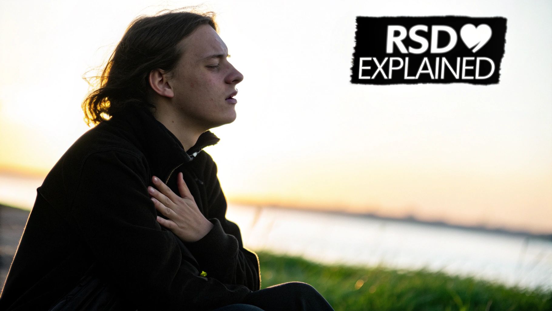 A person with closed eyes and hand on chest, contemplating, with text 'RSD EXPLAINED' overlay.