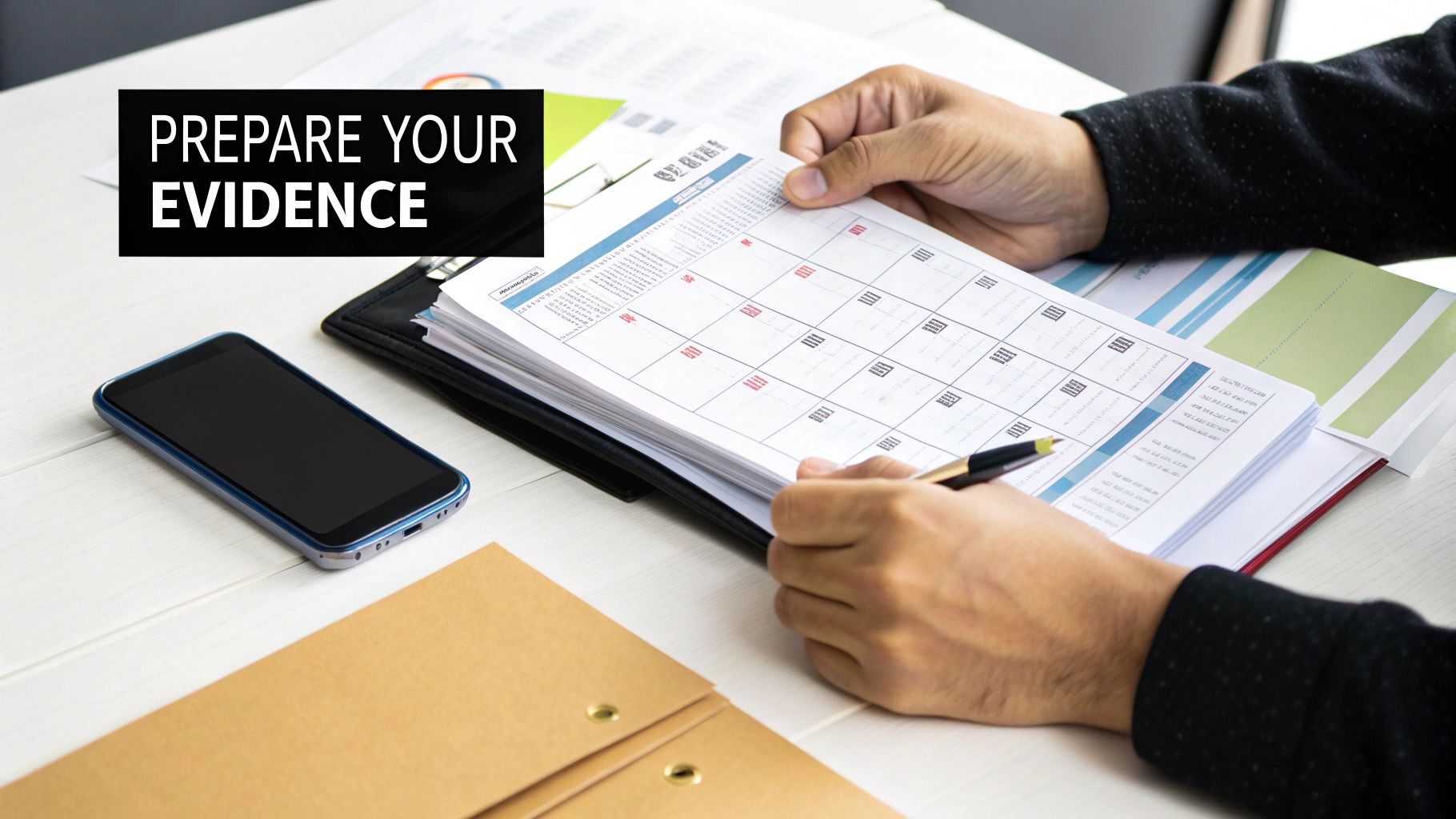 Hands reviewing a planner and documents, with a smartphone on a white desk, preparing evidence.