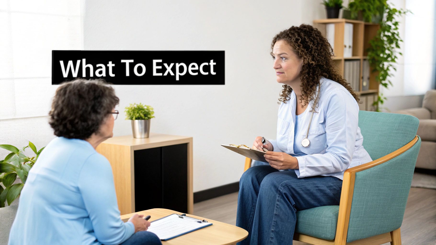 A doctor consults with a patient, taking notes in a professional office setting.