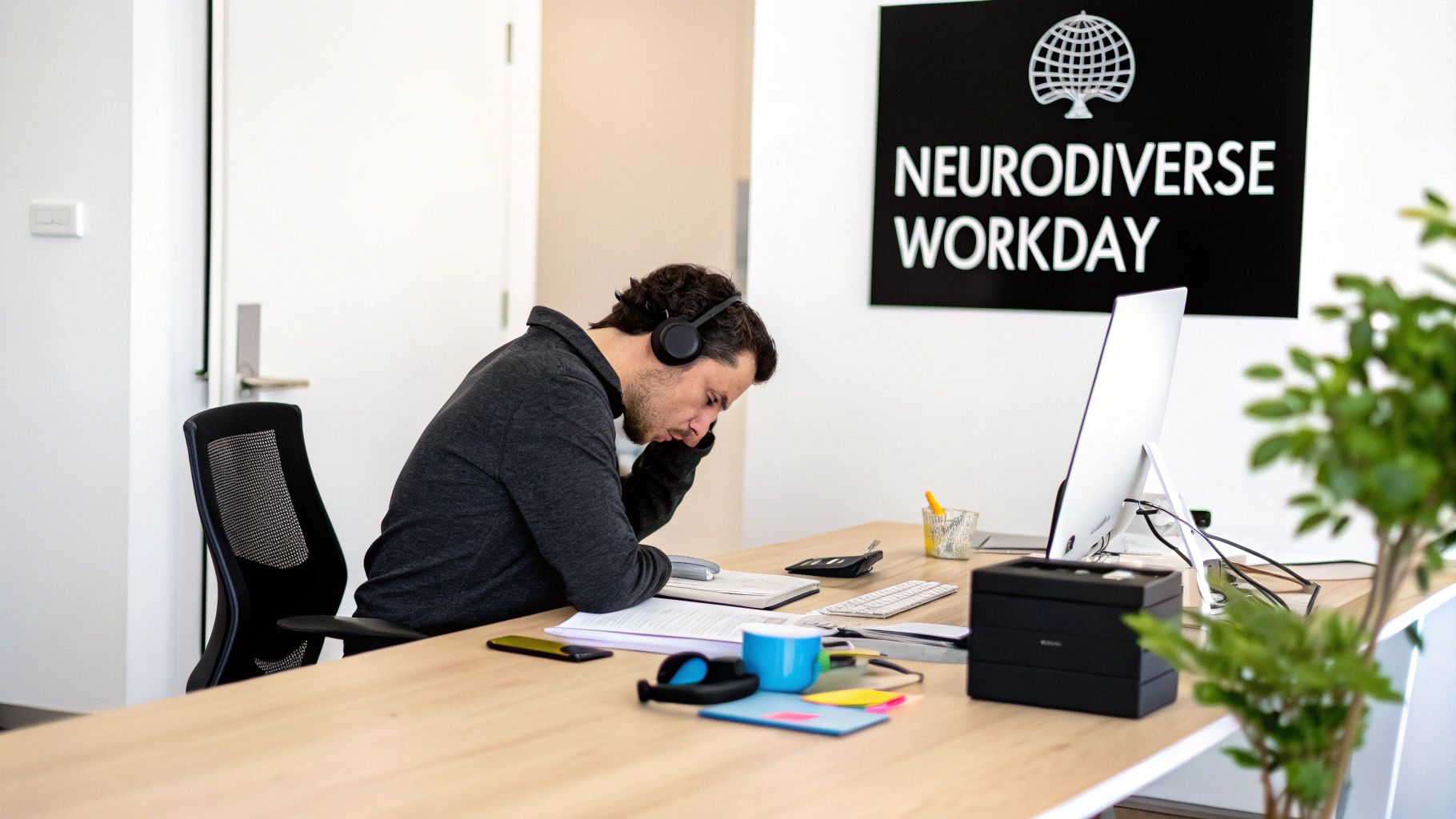 A man with headphones intently looking at documents at a desk in an office with a 'Neurodiverse Workday' sign.