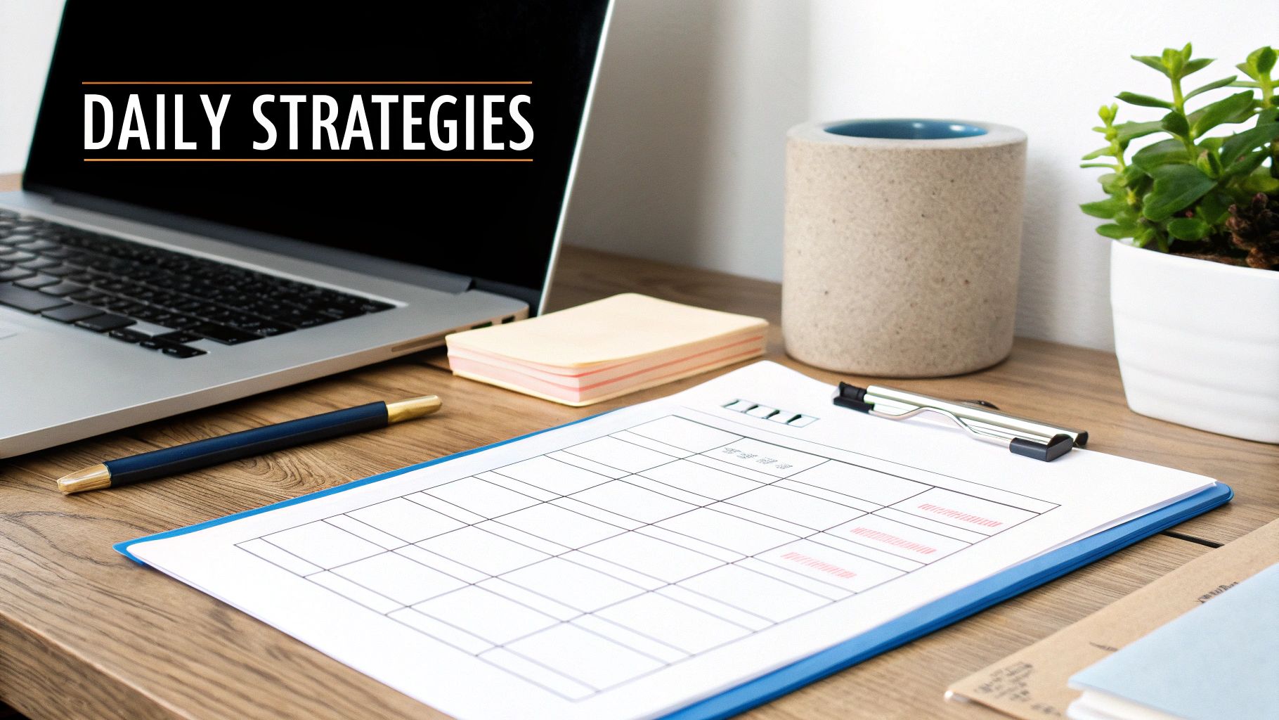 Organized desk workspace with a laptop displaying 'DAILY STRATEGIES', a planner, and plant.