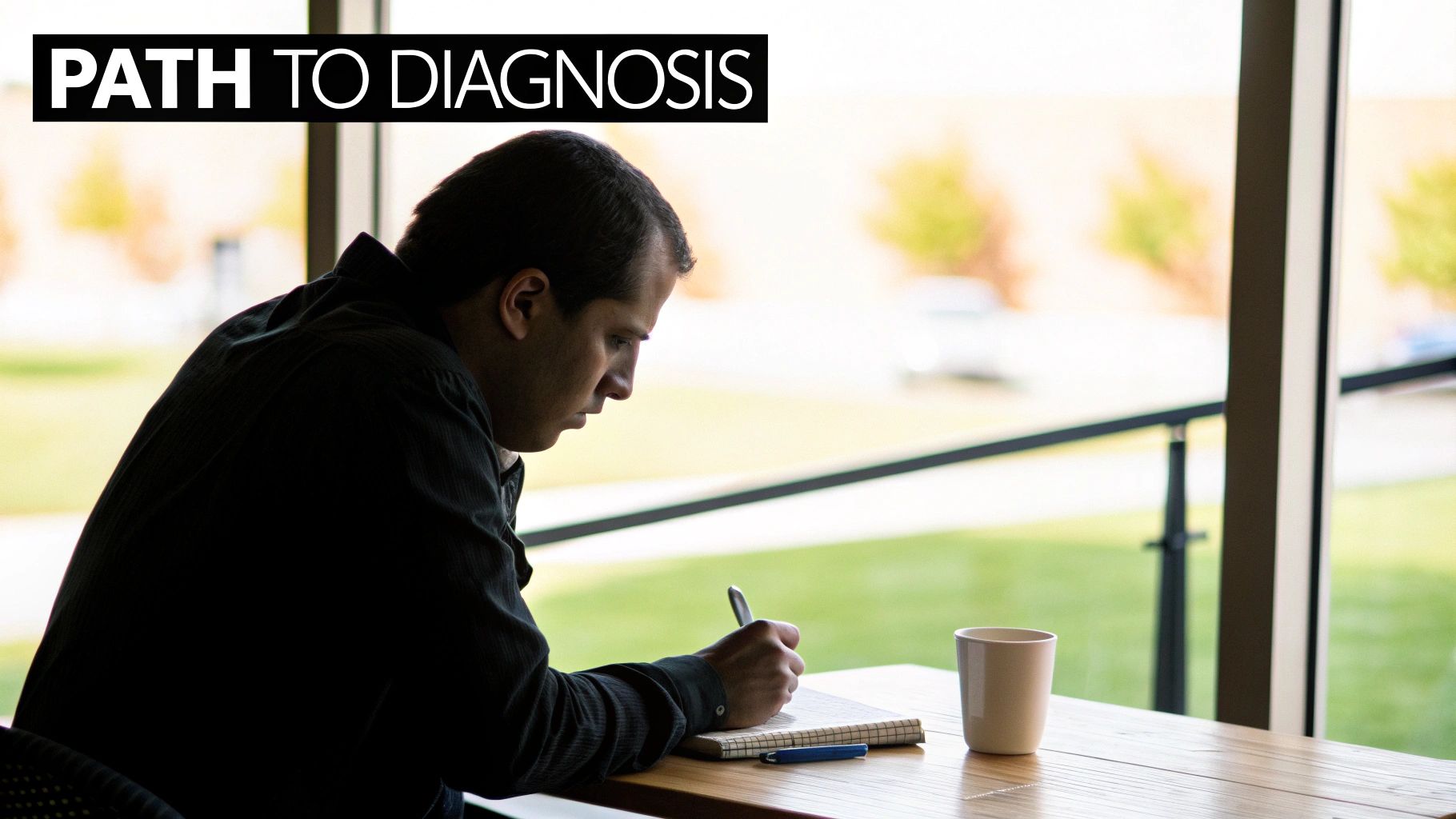 A focused man writes in a notebook at a table with a mug, near a window, with 'PATH TO DIAGNOSIS' overlay.