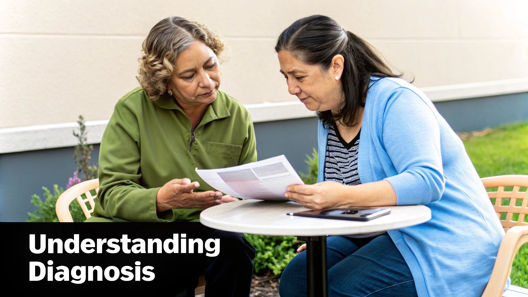 Two adult women reviewing a document together at an outdoor table, discussing a diagnosis.