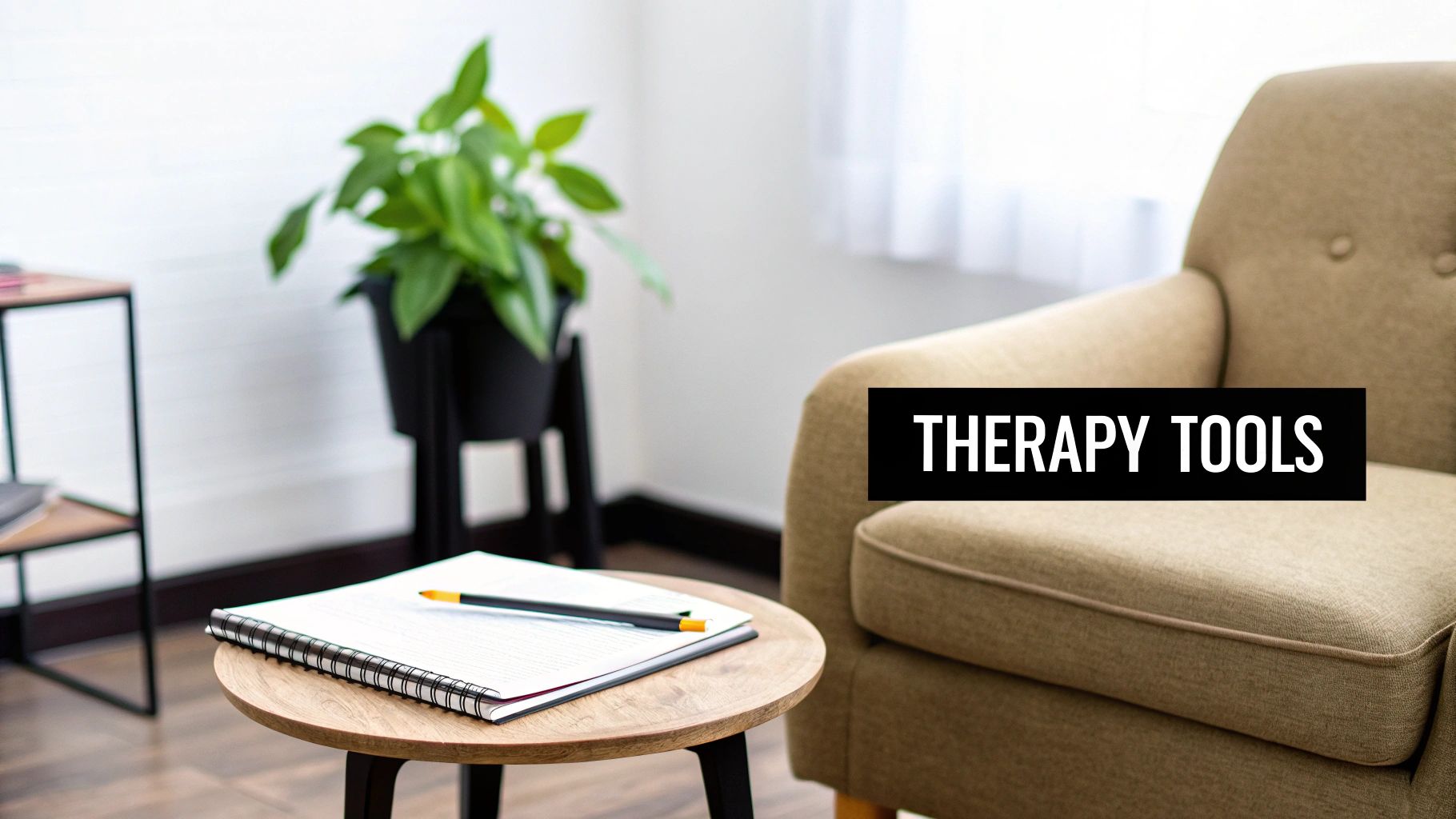 A welcoming therapy room with a comfortable armchair, side table, notebook, pencil, and a green plant, labeled 'THERAPY TOOLS'.