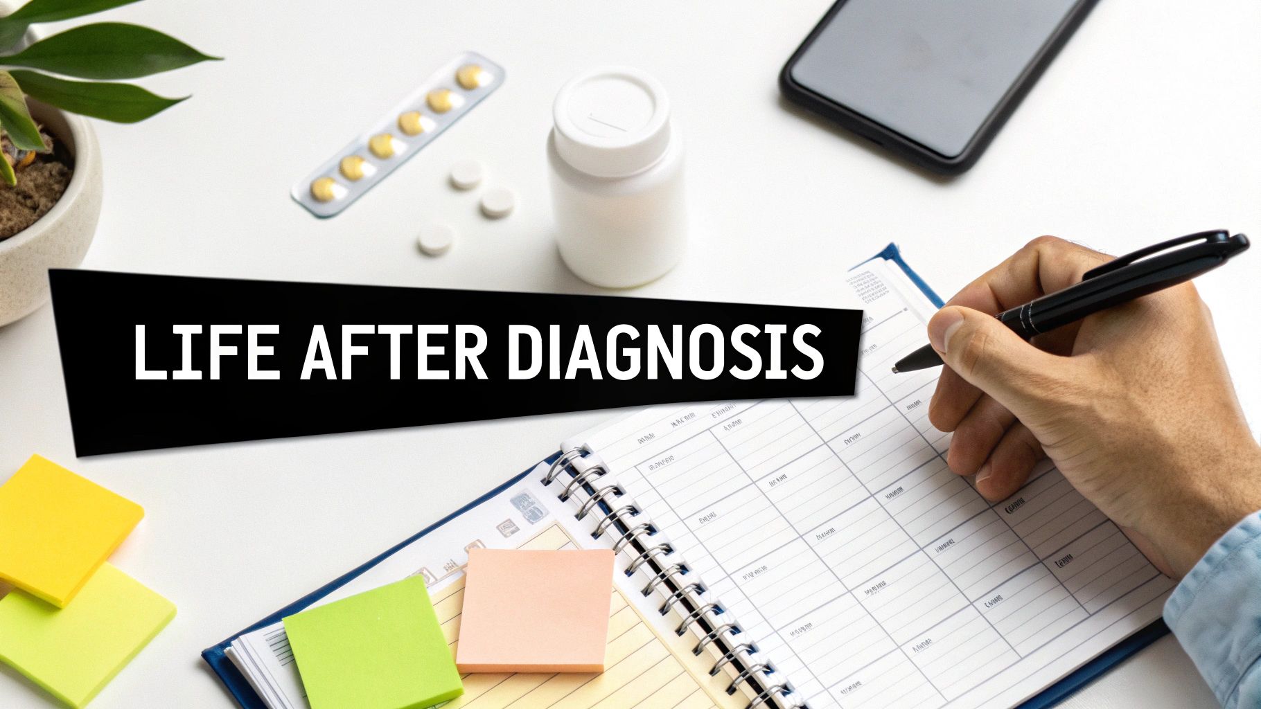 A person's hand writes in a planner next to medication, sticky notes, and a banner reading 'LIFE AFTER DIAGNOSIS'.