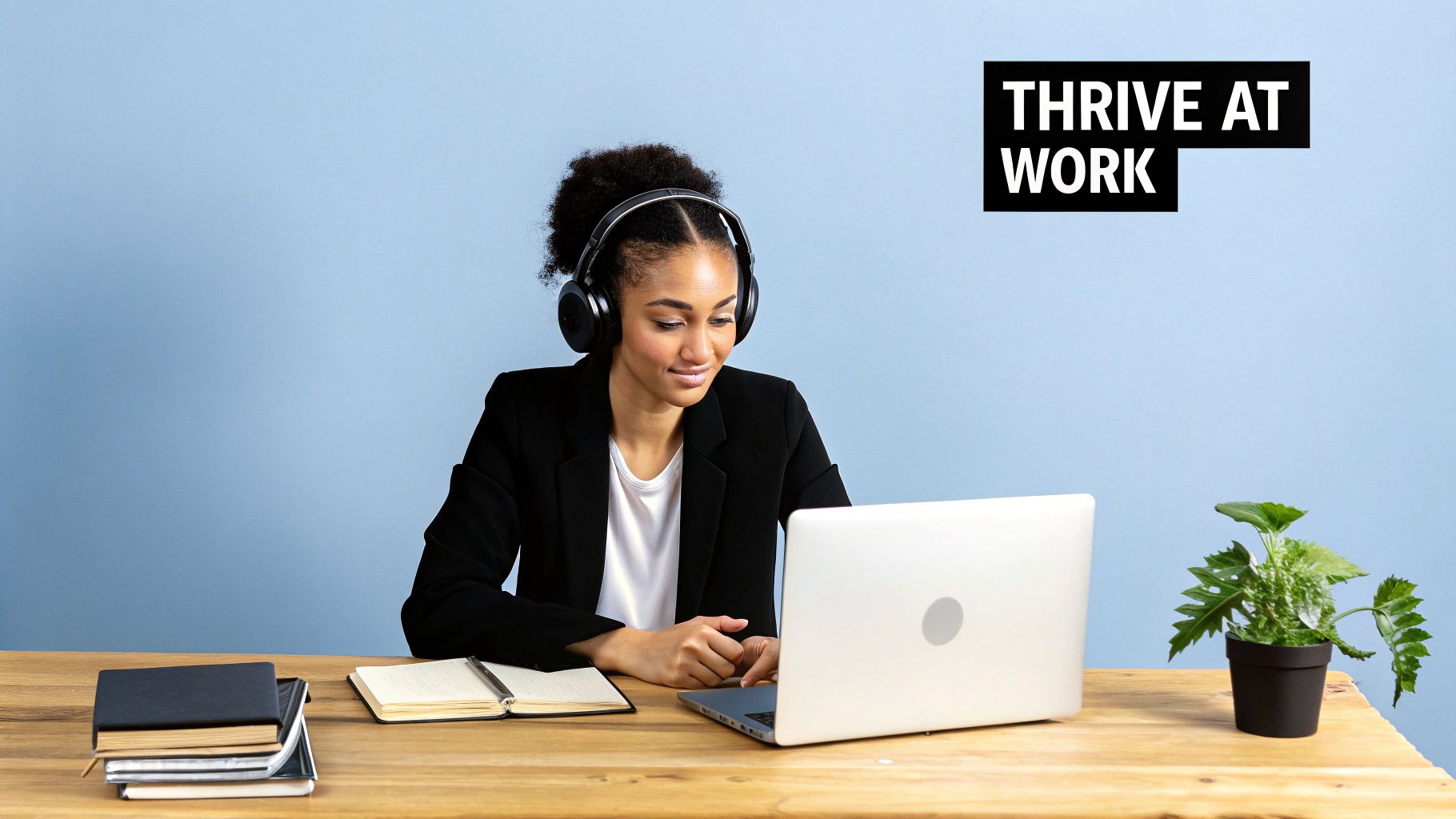 A smiling woman with headphones works on a laptop at a wooden desk with notebooks.