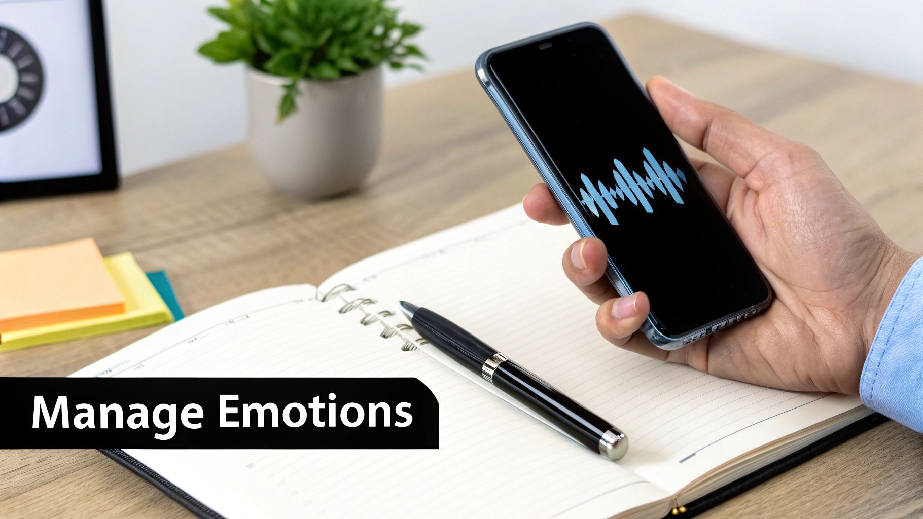Close-up of a hand holding a smartphone displaying sound waves next to a notebook and pen, with 'Manage Emotions' text.