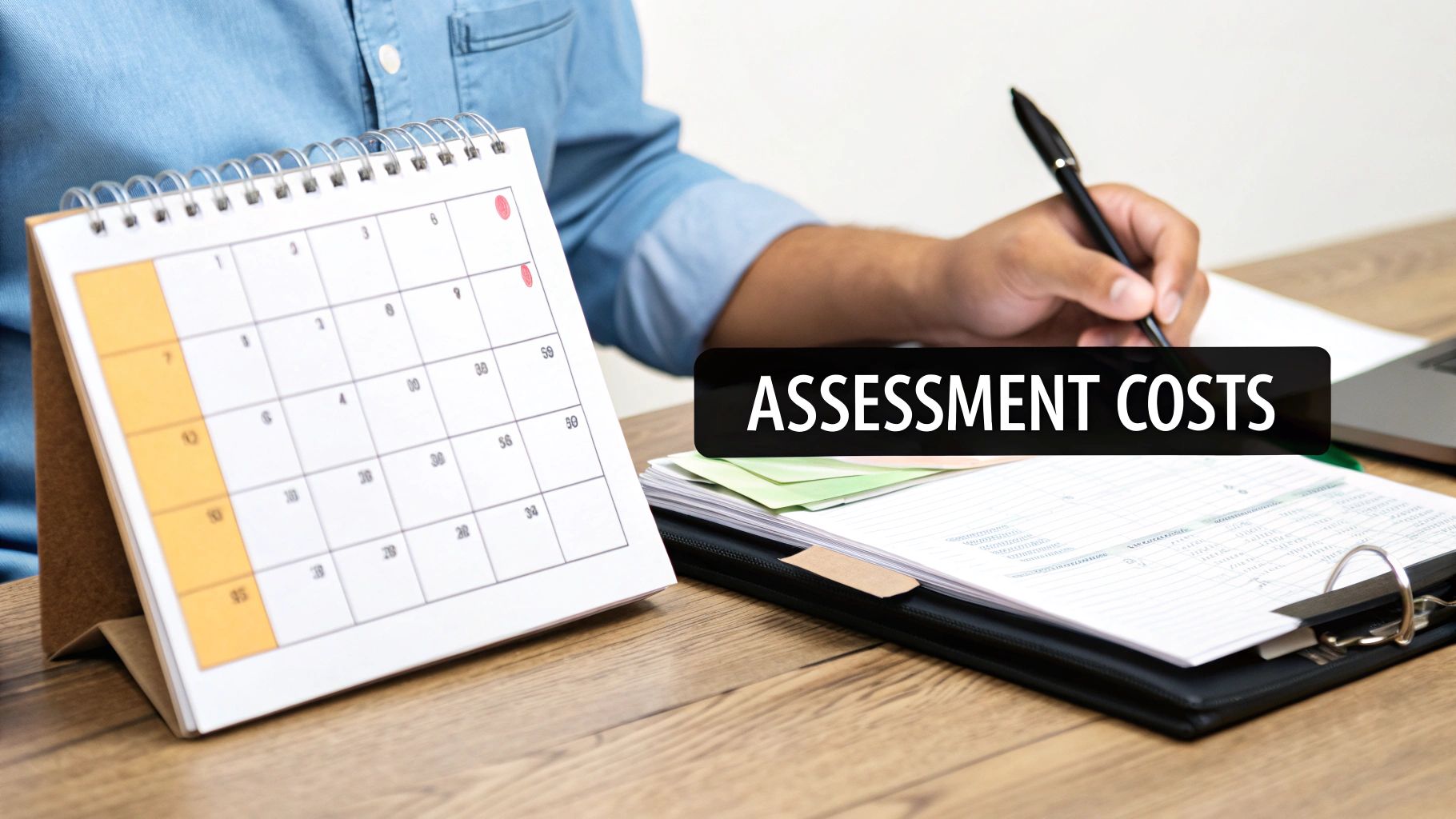 A person writing at a desk next to a calendar and documents, with 'ASSESSMENT COSTS' displayed.