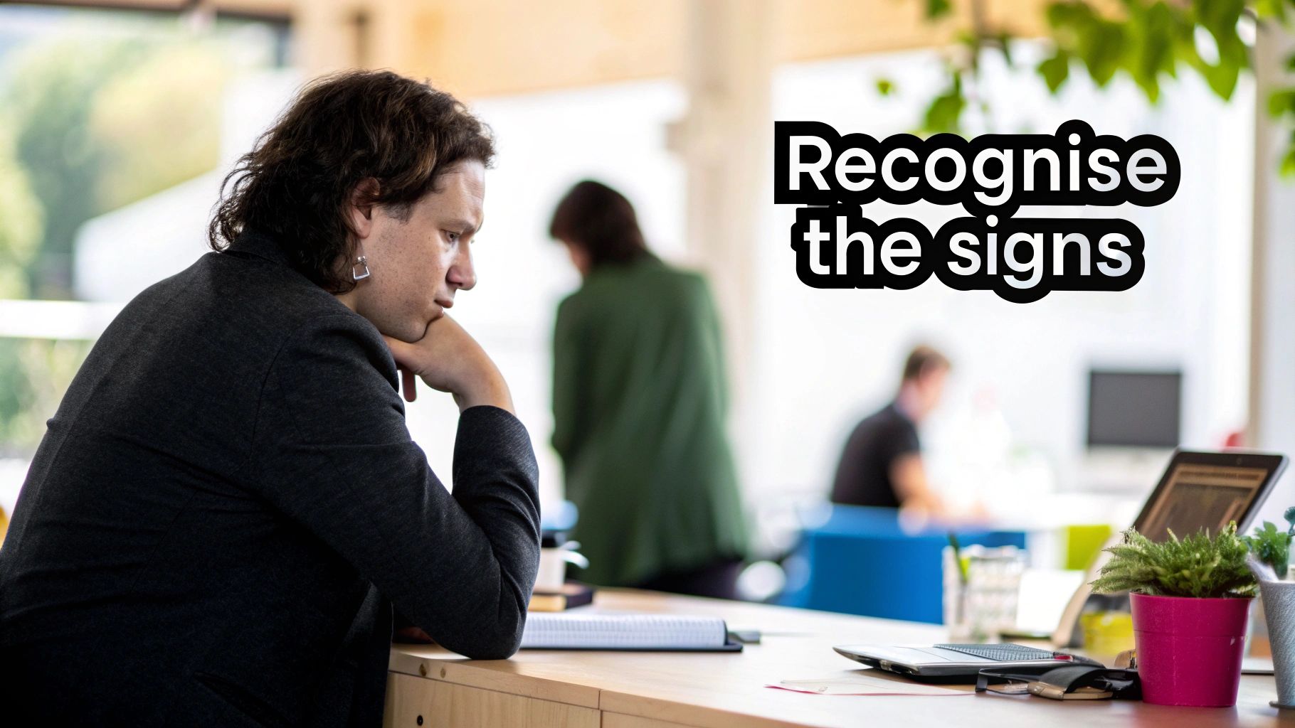 A pensive person with long hair and an earring sits at a desk in a modern office.