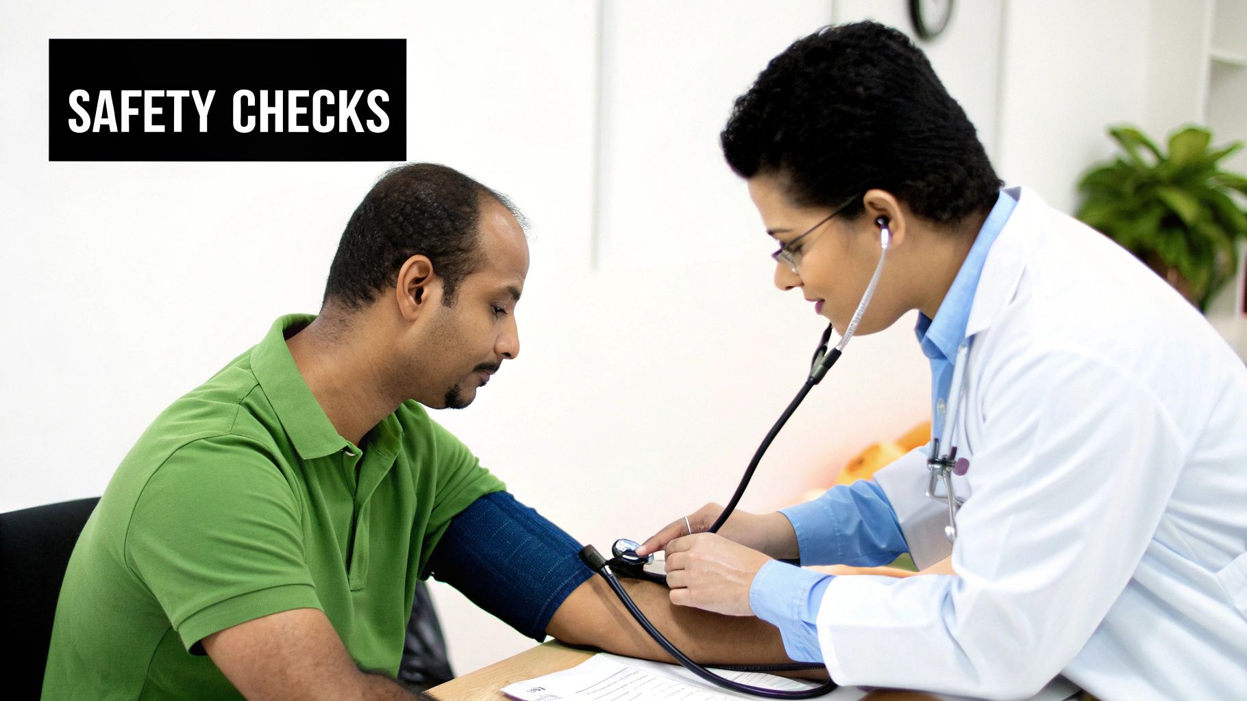 A healthcare professional checking an adult patient's blood pressure, representing safety monitoring for ADHD medication.