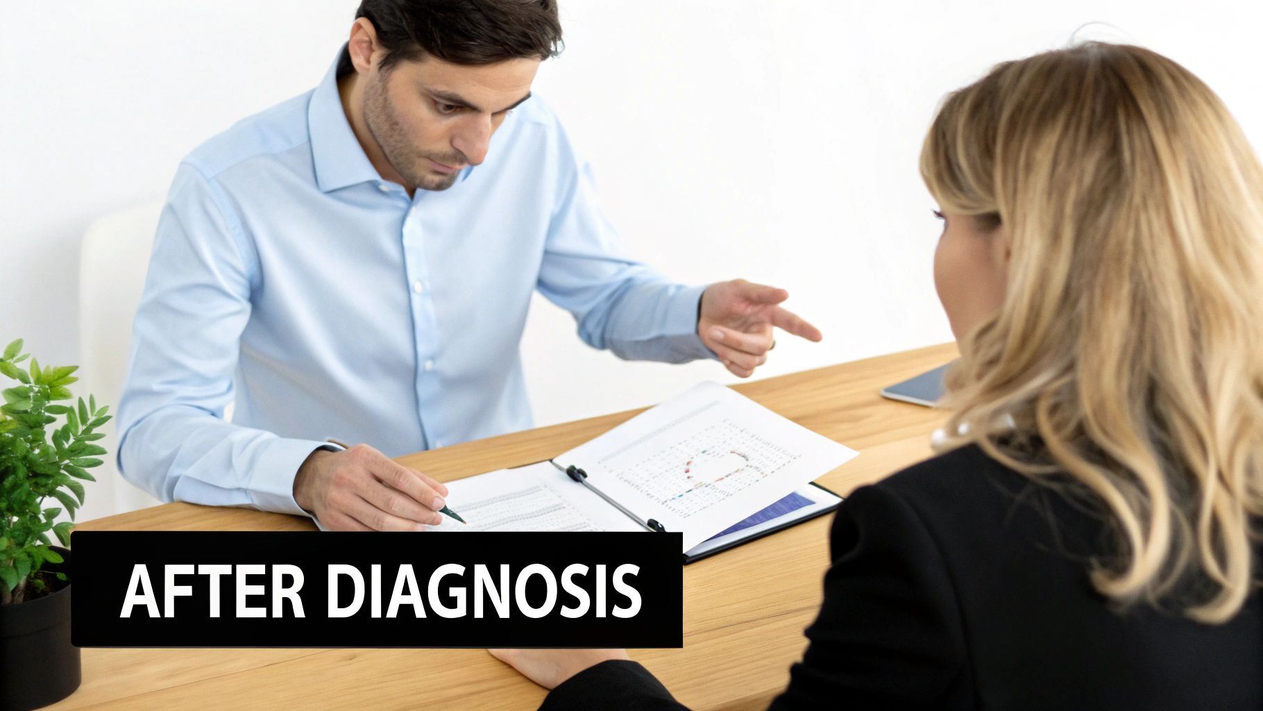 A man and woman review charts at a desk, discussing results after diagnosis.