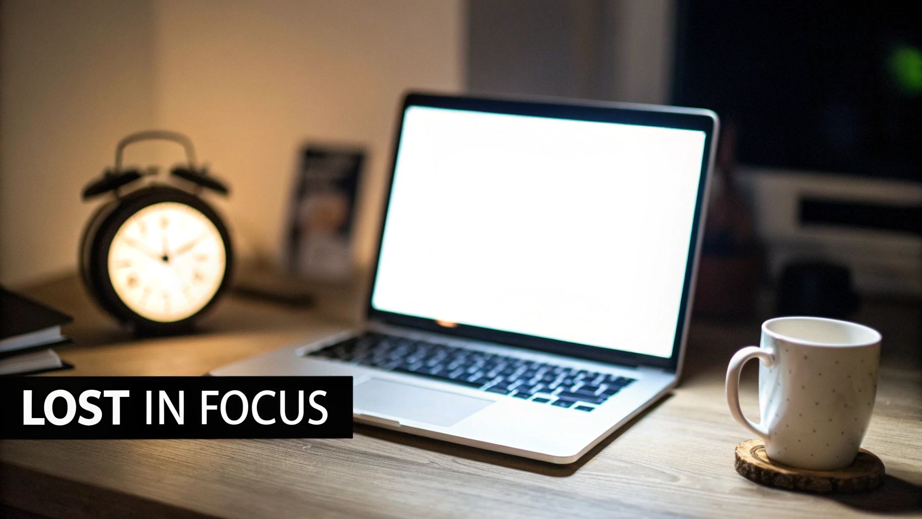 Laptop with blank screen on wooden desk with coffee mug and alarm clock representing focus challenges