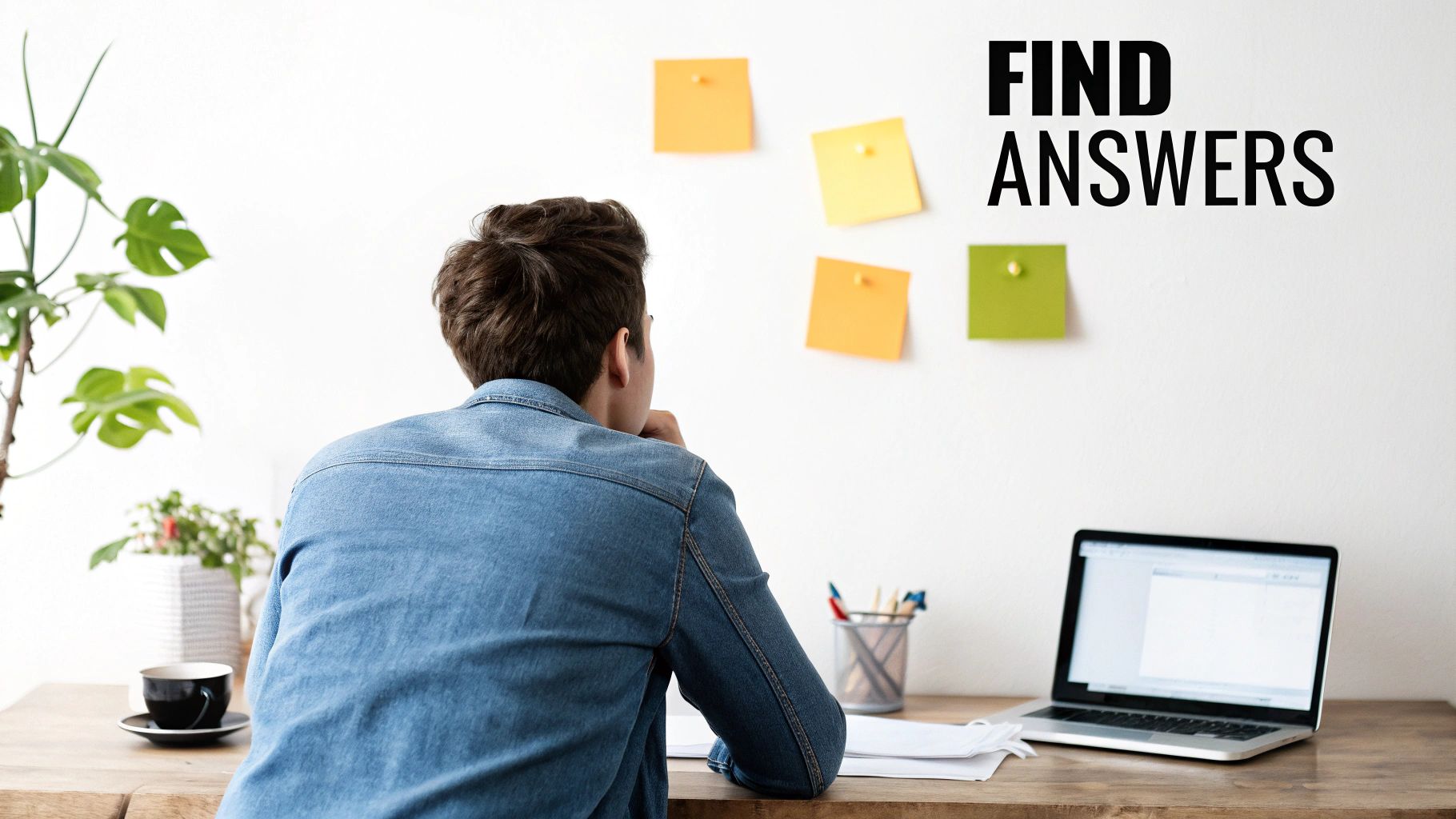 A young person sits at a desk, looking at sticky notes and the words 'FIND ANSWERS' on a wall.