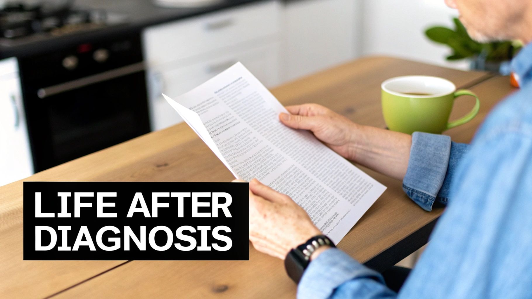 A person in a denim shirt reads a document titled 'Life After Diagnosis' at a kitchen table with a green mug.