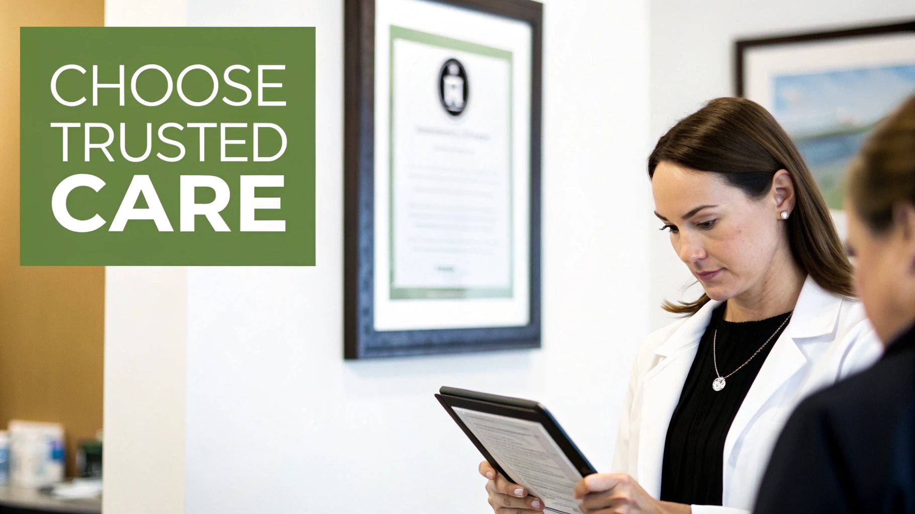 A female doctor in a white coat looks at a tablet, with a 'CHOOSE TRUSTED CARE' sign.