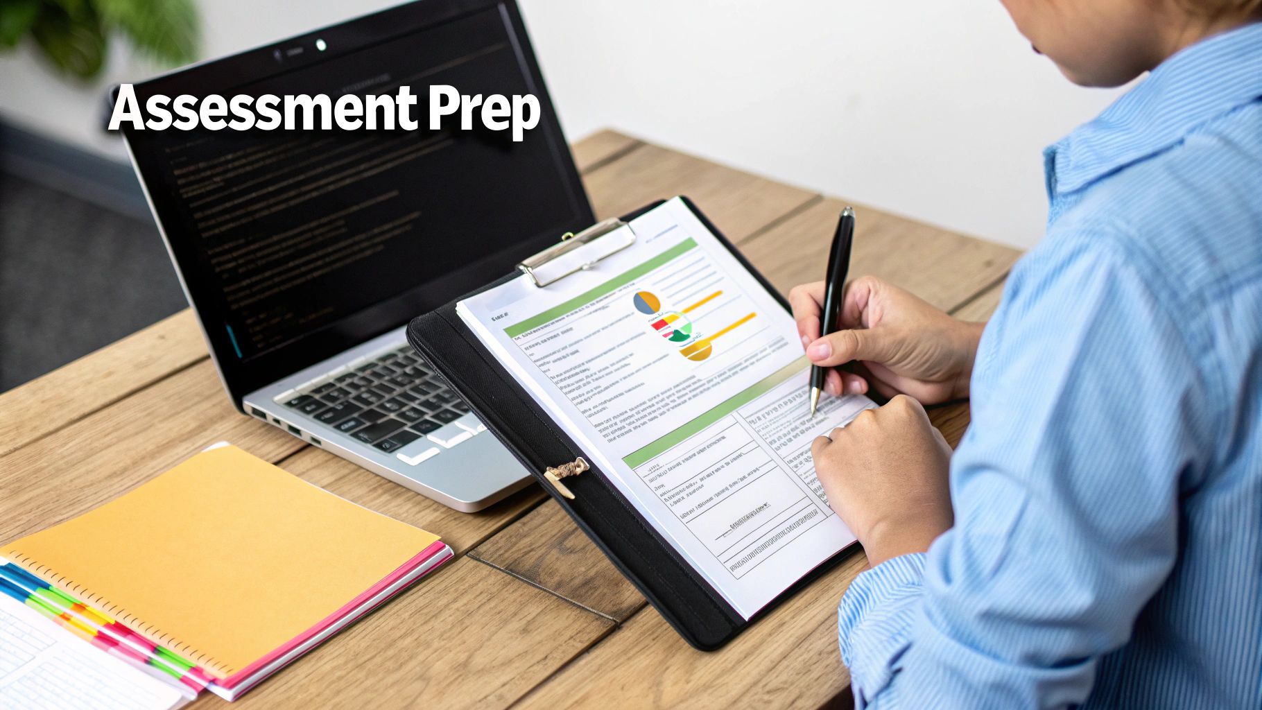 Person writing on an assessment document with charts, a laptop, and notebooks for exam preparation.