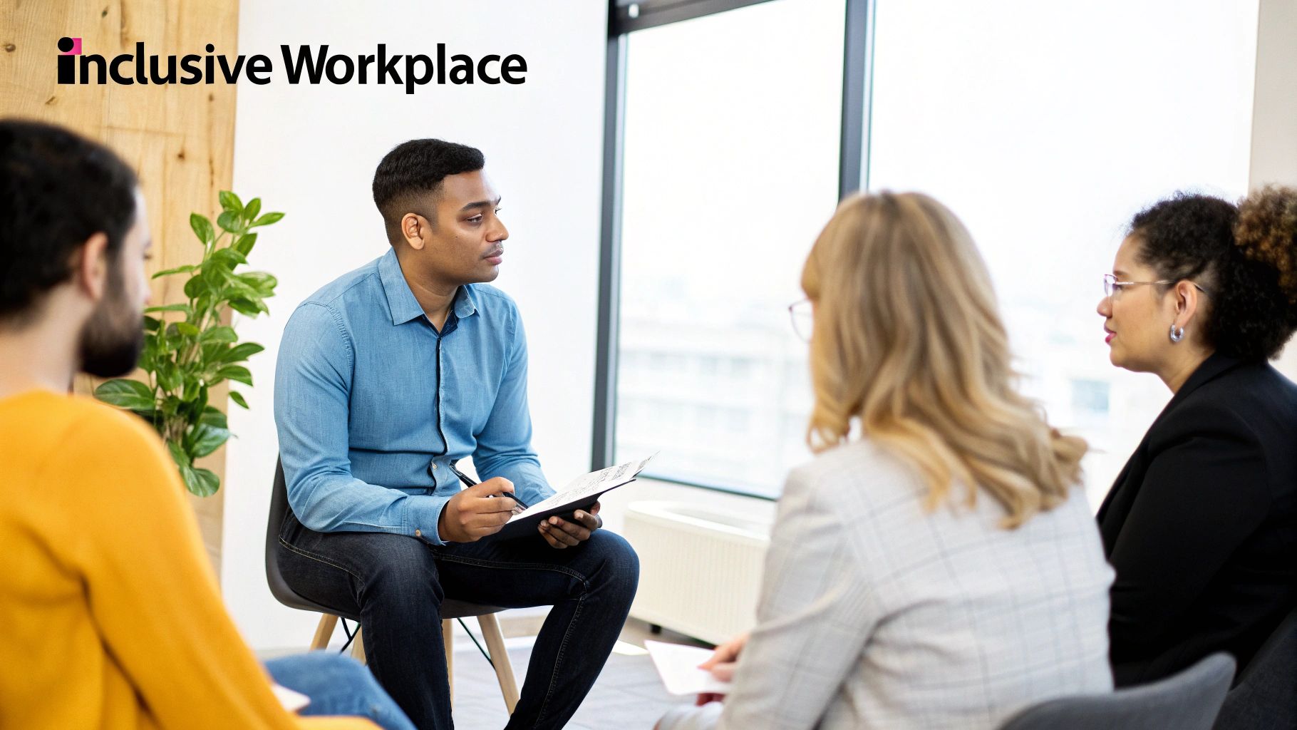 Diverse professionals collaborating in a modern office, emphasizing an inclusive workplace environment.
