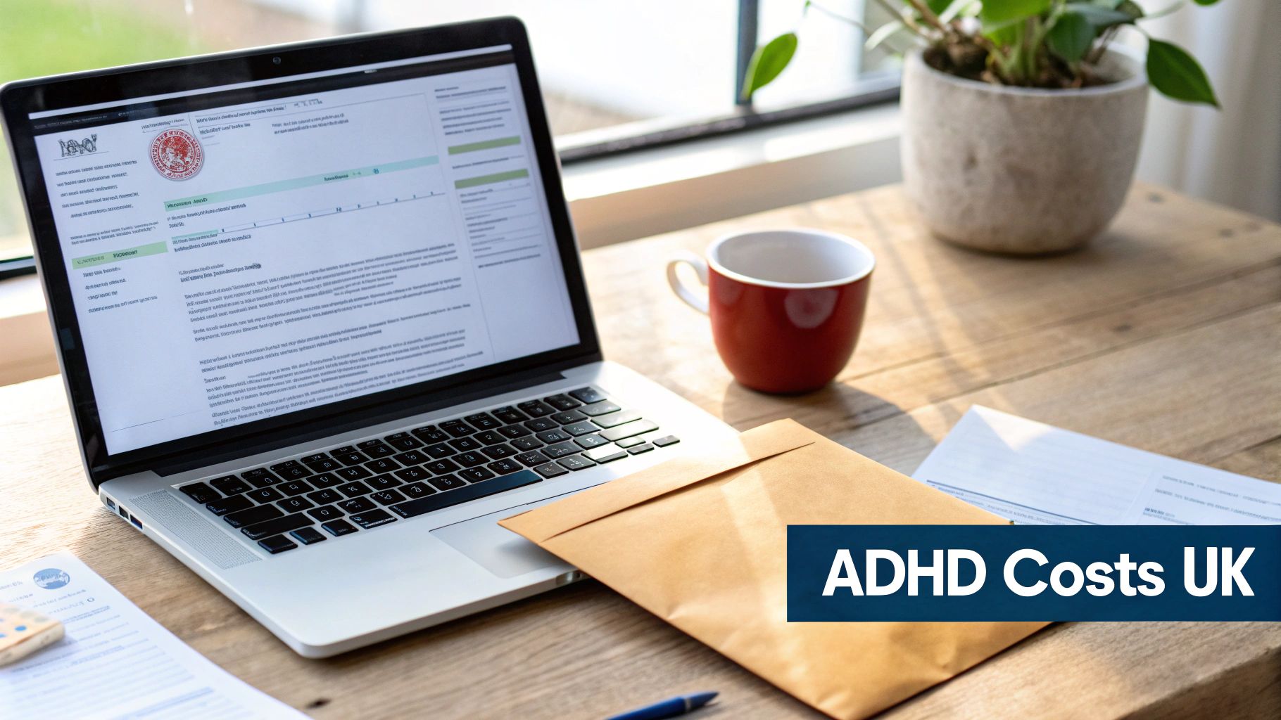 A laptop on a wooden desk with a red mug, a houseplant, papers, and an envelope, displaying 'ADHD Costs UK'.