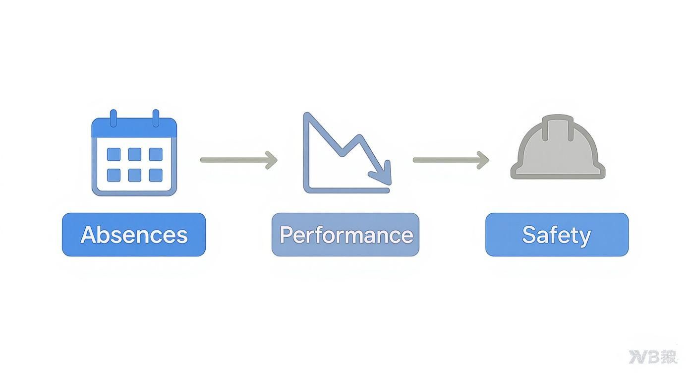A flowchart illustrates how increased employee absences lead to decreased performance and ultimately affect safety.