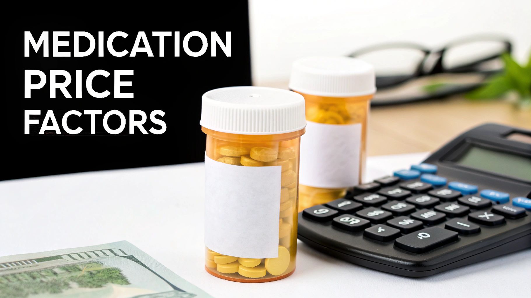Sign displaying 'MEDICATION PRICE FACTORS' alongside pill bottles, a calculator, and cash.