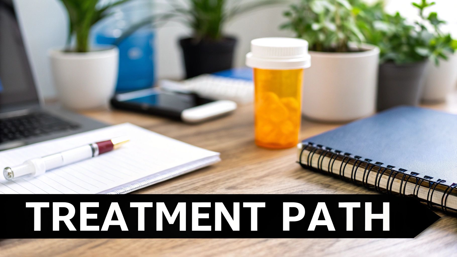 A desk with a laptop, notebooks, a pen, a prescription bottle, and plants, displaying 'TREATMENT PATH'.