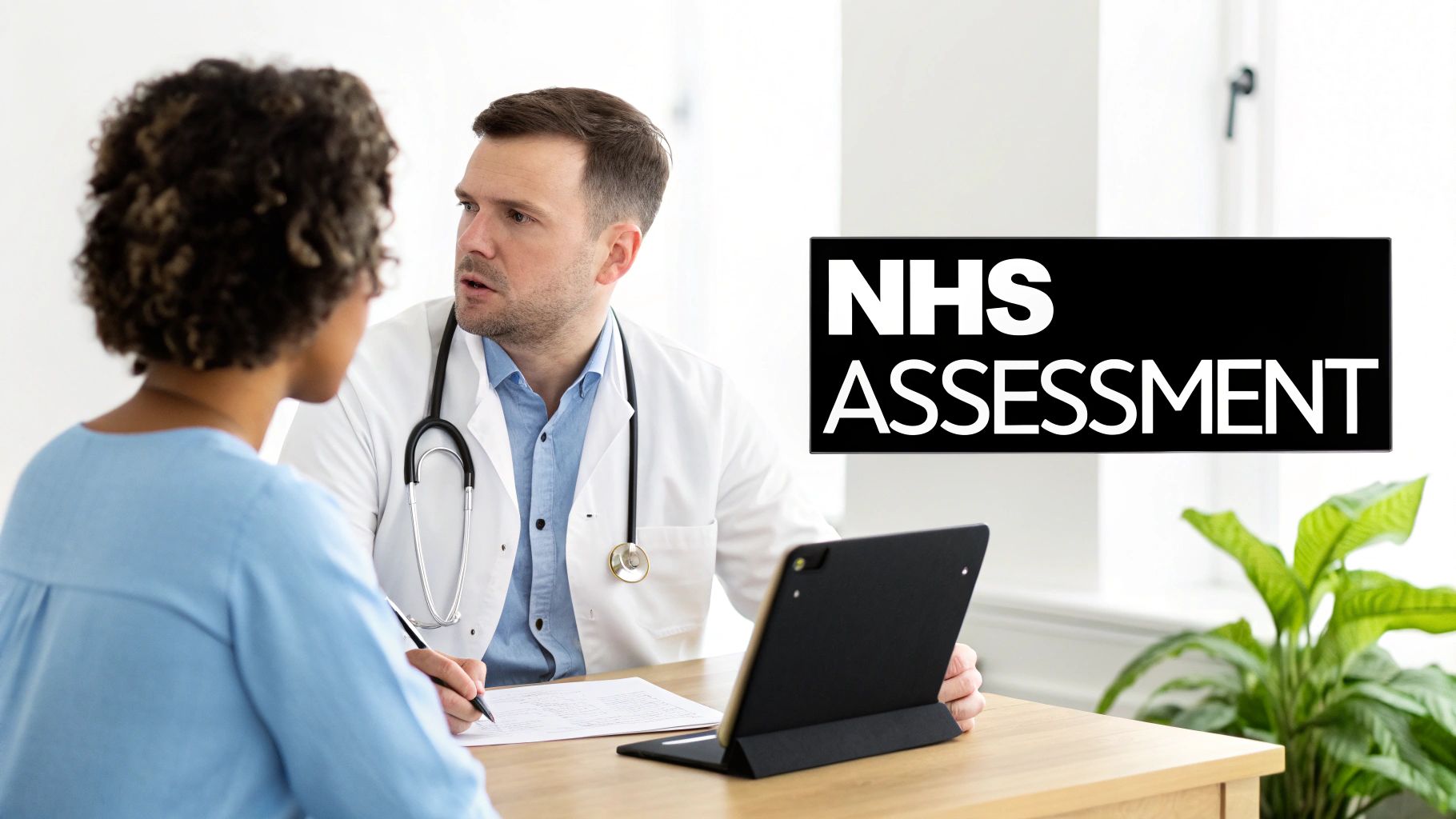 A doctor consults with a patient at a desk, with 'NHS ASSESSMENT' text overlaid.