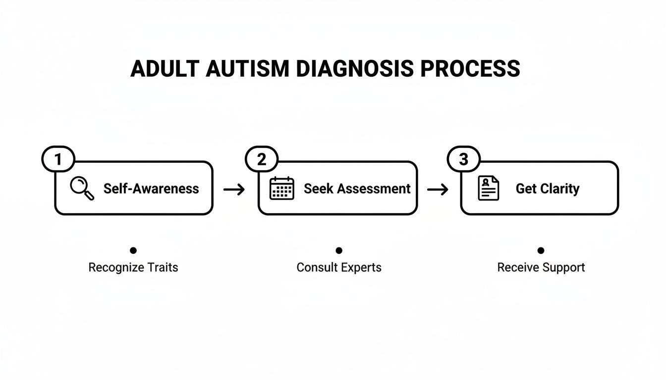 An infographic illustrating the three-step adult autism diagnosis process from self-awareness to support.