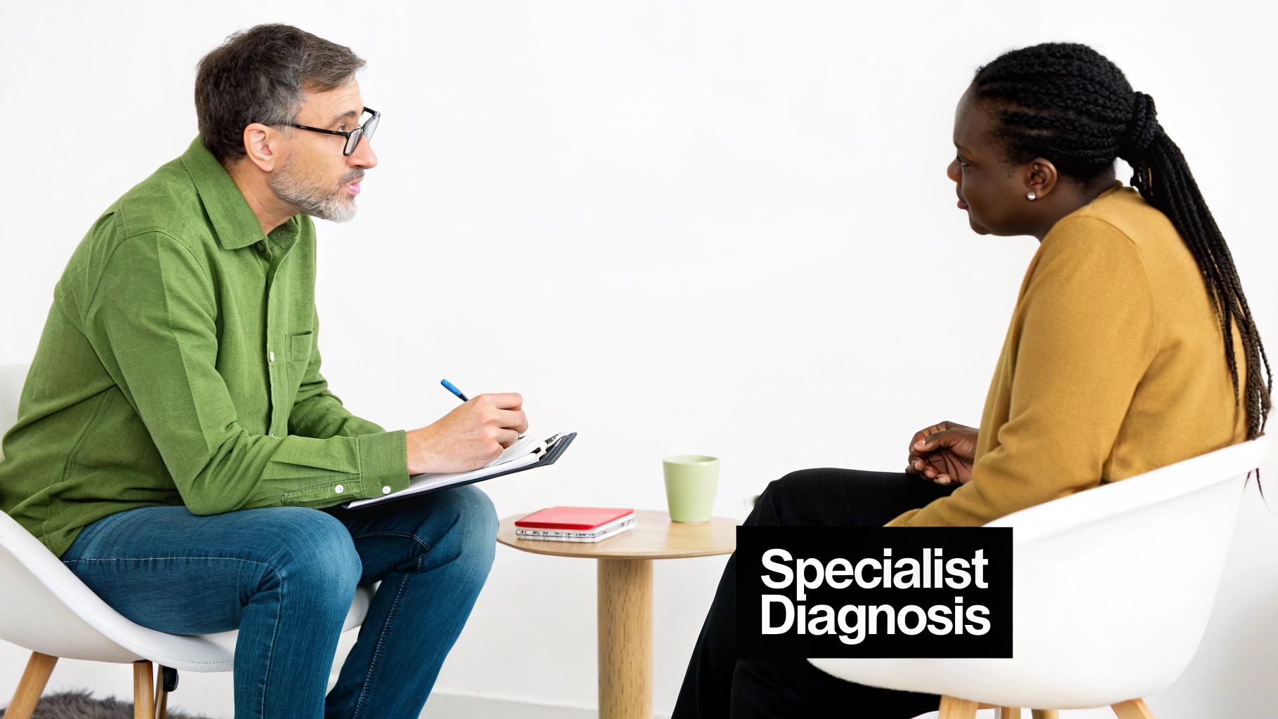 A male therapist consults with a female patient, taking notes during a specialist diagnosis session.