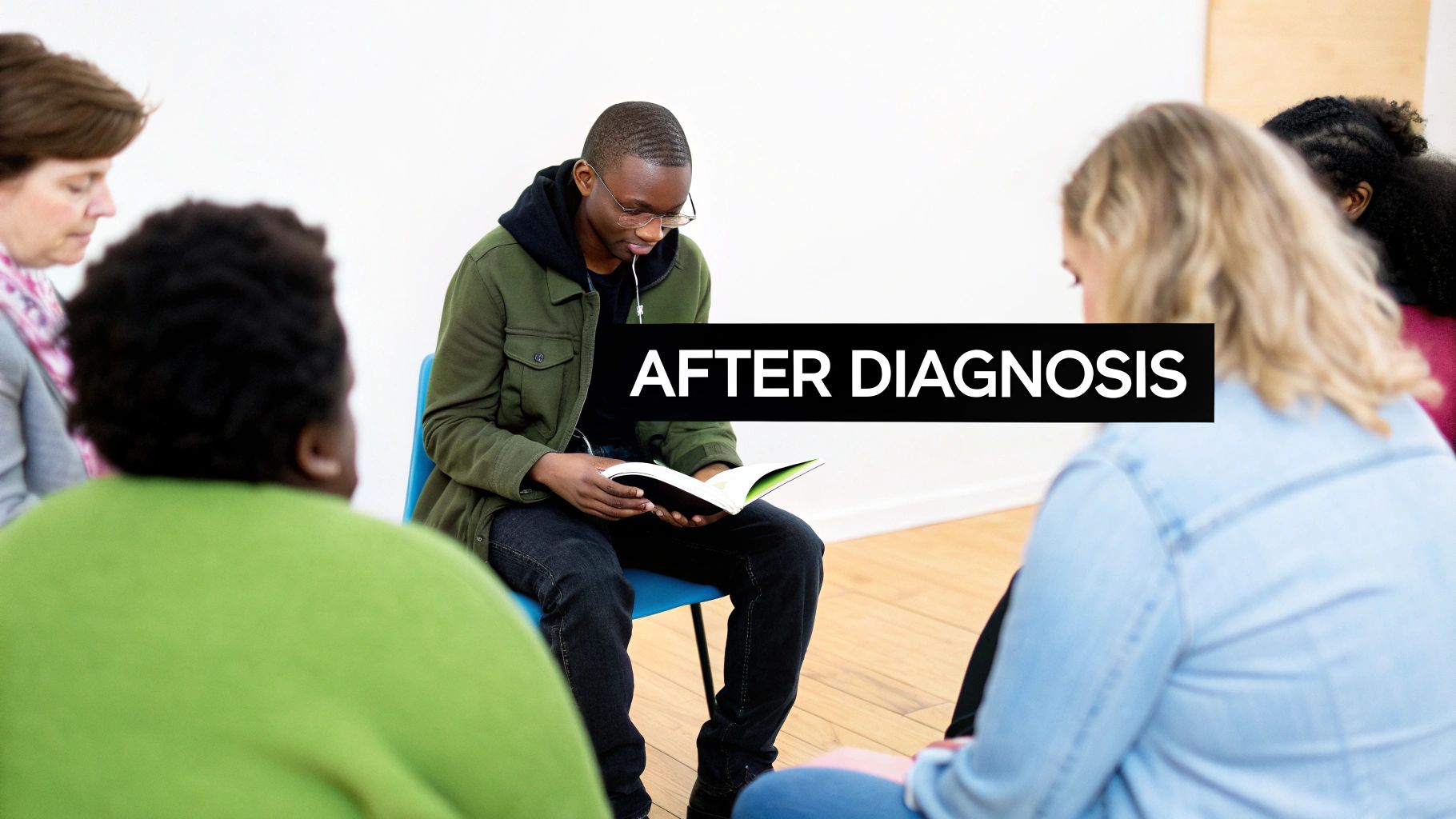 Diverse people in a support group setting, a young man reads a book.