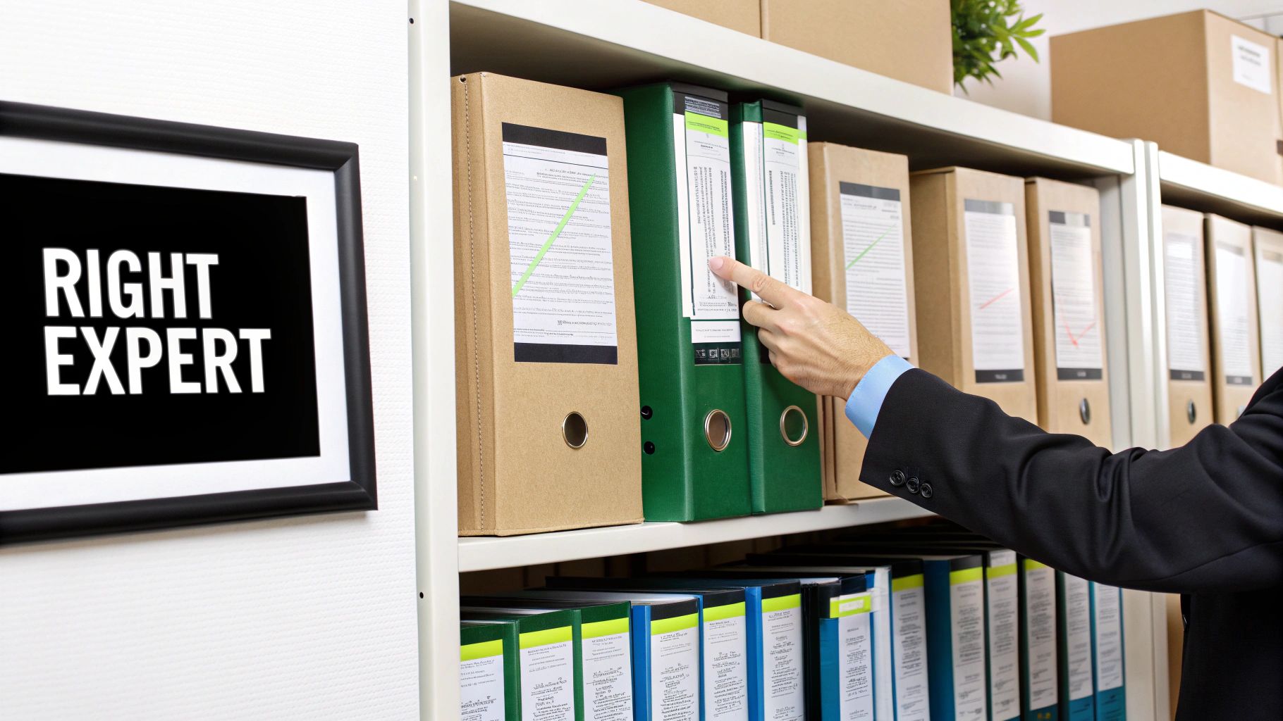 A businessman selecting a file from a shelf next to a 'Right Expert' sign, symbolizing expertise.