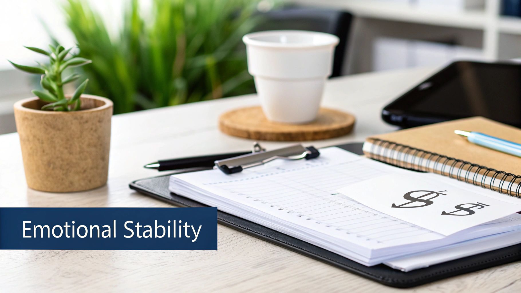 An office desk setup with a plant, coffee, clipboard, and a text overlay 'Emotional Stability'.