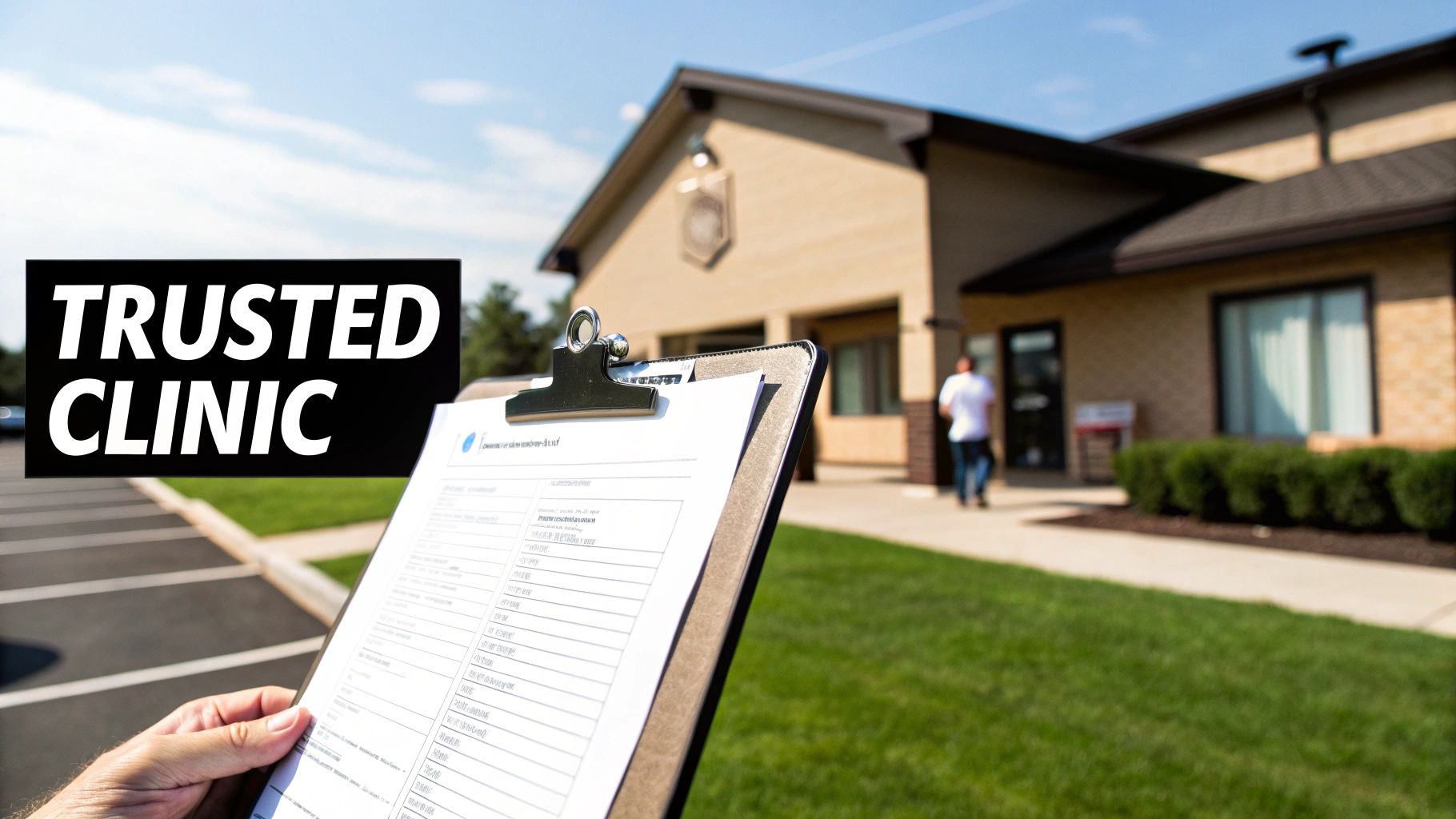 A person holds a clipboard with forms outside a modern building labeled 'TRUSTED CLINIC'.