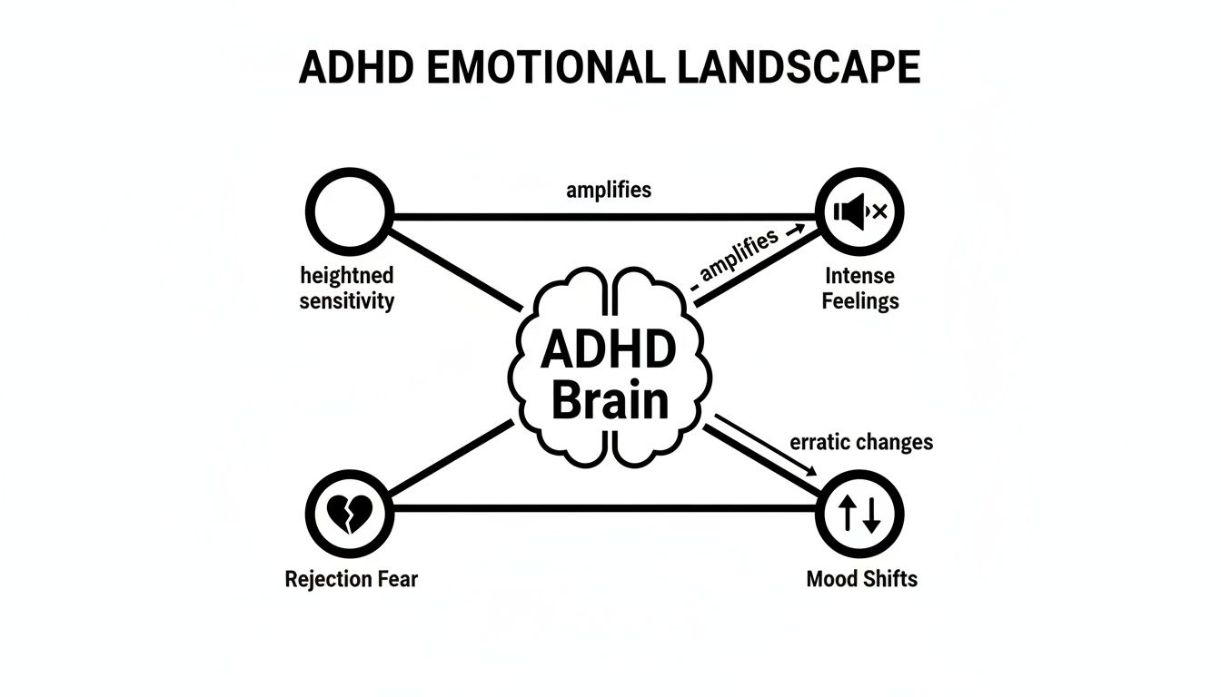 Diagram showing how heightened sensitivity, intense feelings, mood shifts, and rejection fear interact within the ADHD brain.
