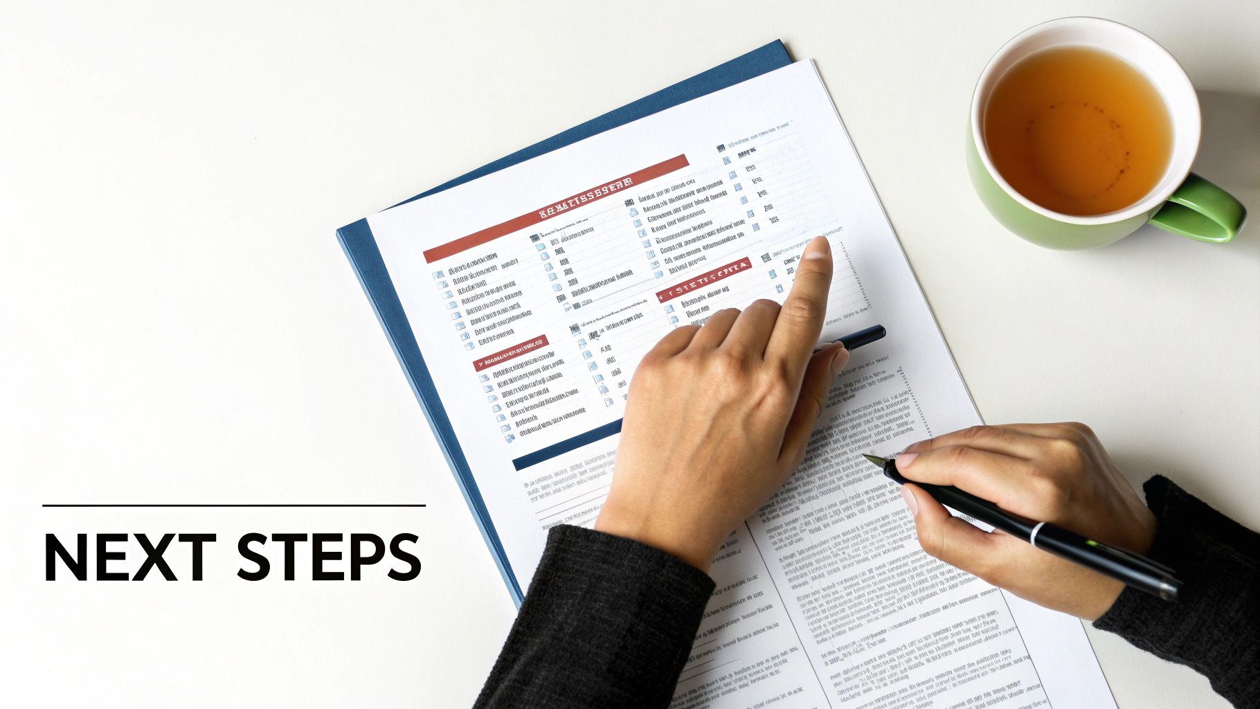 Overhead shot of hands reviewing a document with checkboxes and 'NEXT STEPS' title, next to a tea mug.
