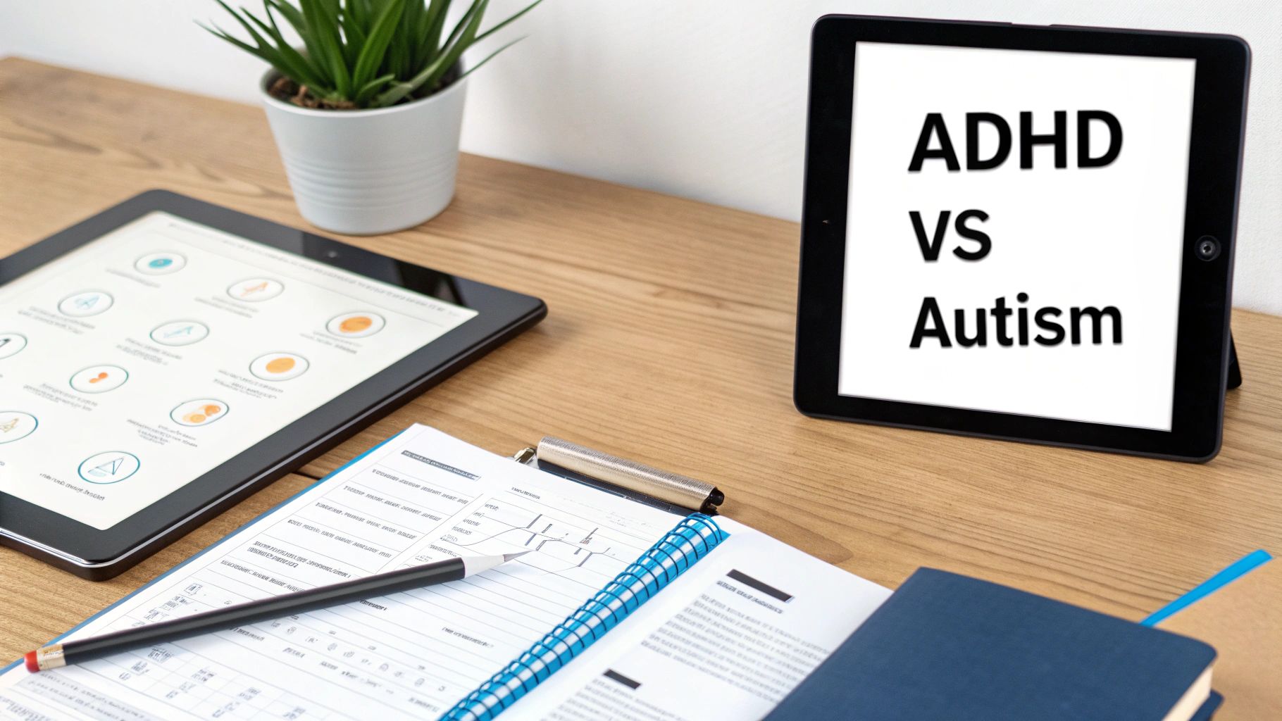 A desk with two tablets, one displaying 'ADHD VS Autism', alongside notebooks and a pencil.