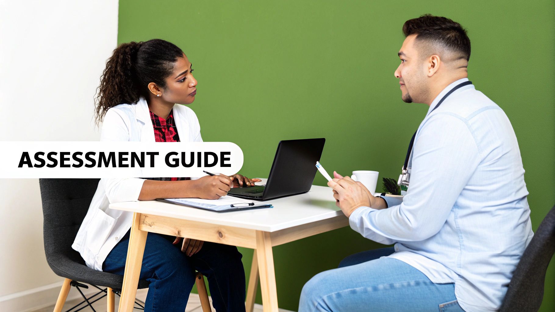 A clinician and patient discussing an assessment in a calm office setting.