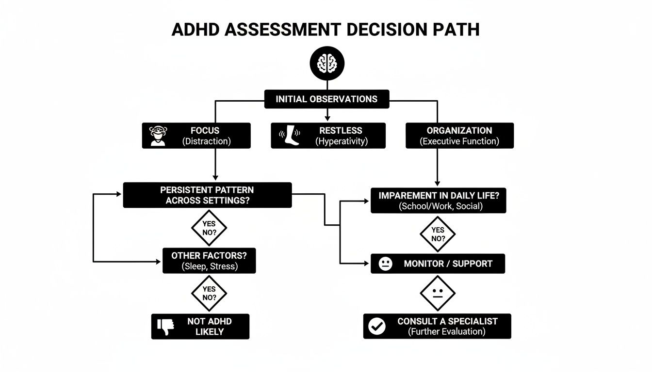 ADHD assessment decision path flowchart showing steps from observations to specialist consultation.