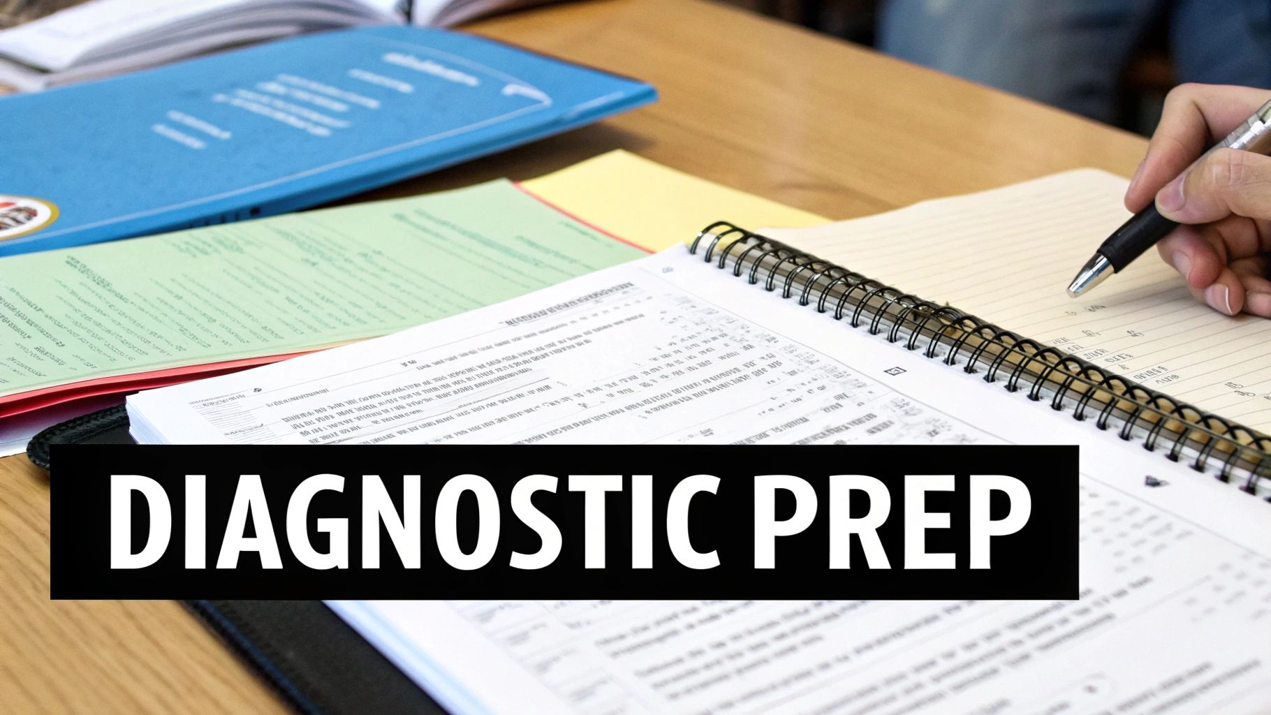 Overhead view of a person writing in a spiral notebook during diagnostic prep, with papers on a desk.
